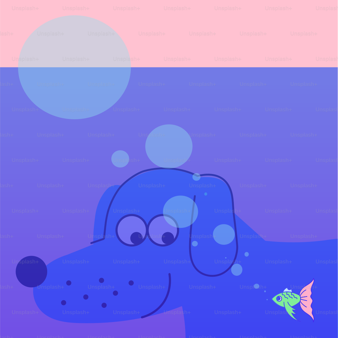 A blue dog with bubbles and a fish in it's mouth
