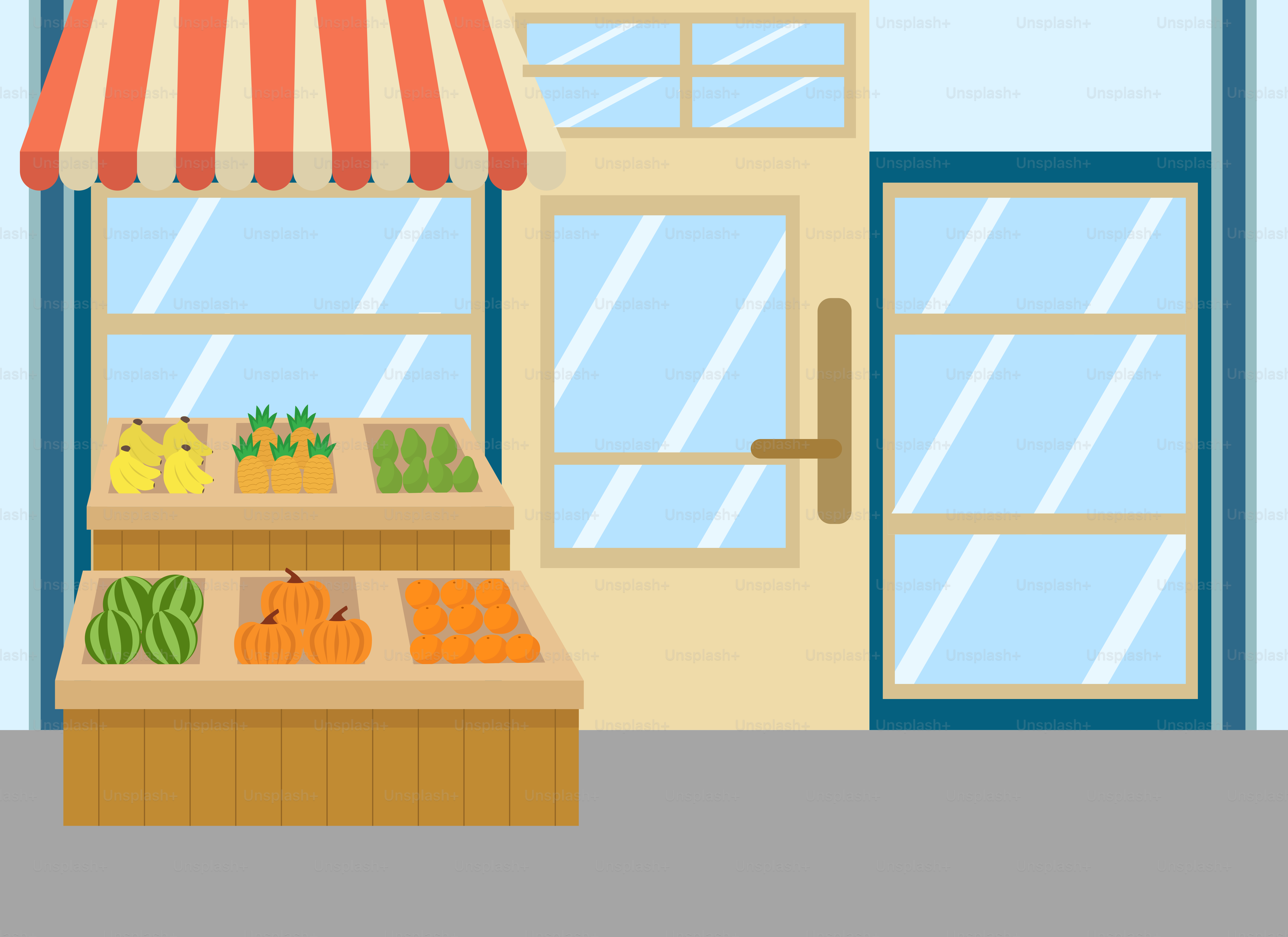 An illustration of a grocery store with fruit and vegetables