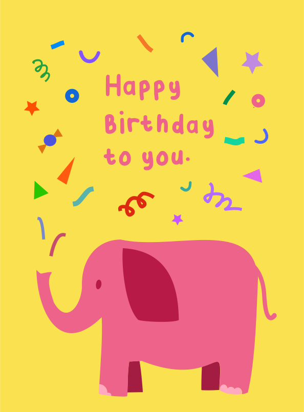 Un éléphant rose avec un message d’anniversaire