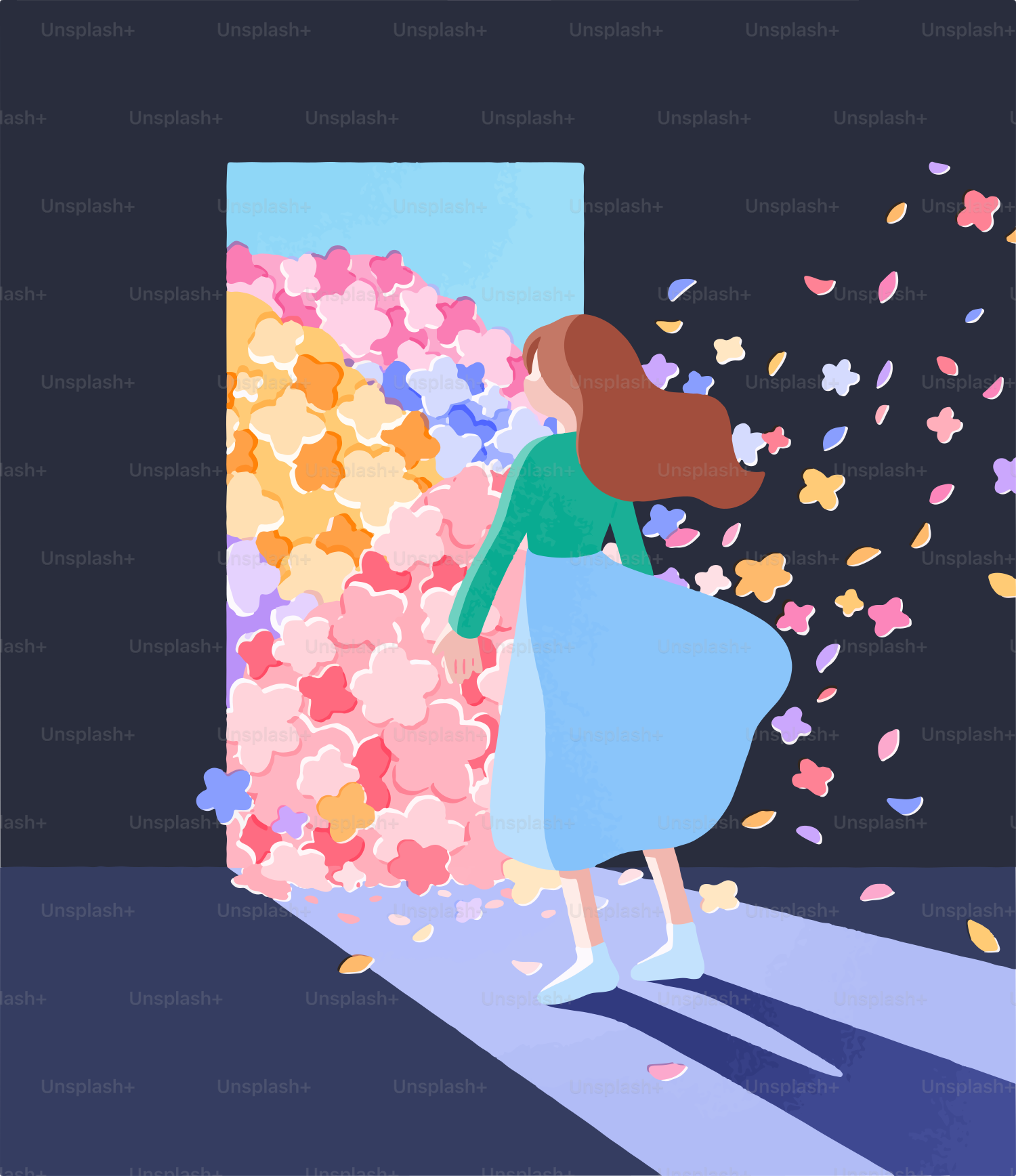 Uma mulher de vestido azul está entrando por uma porta