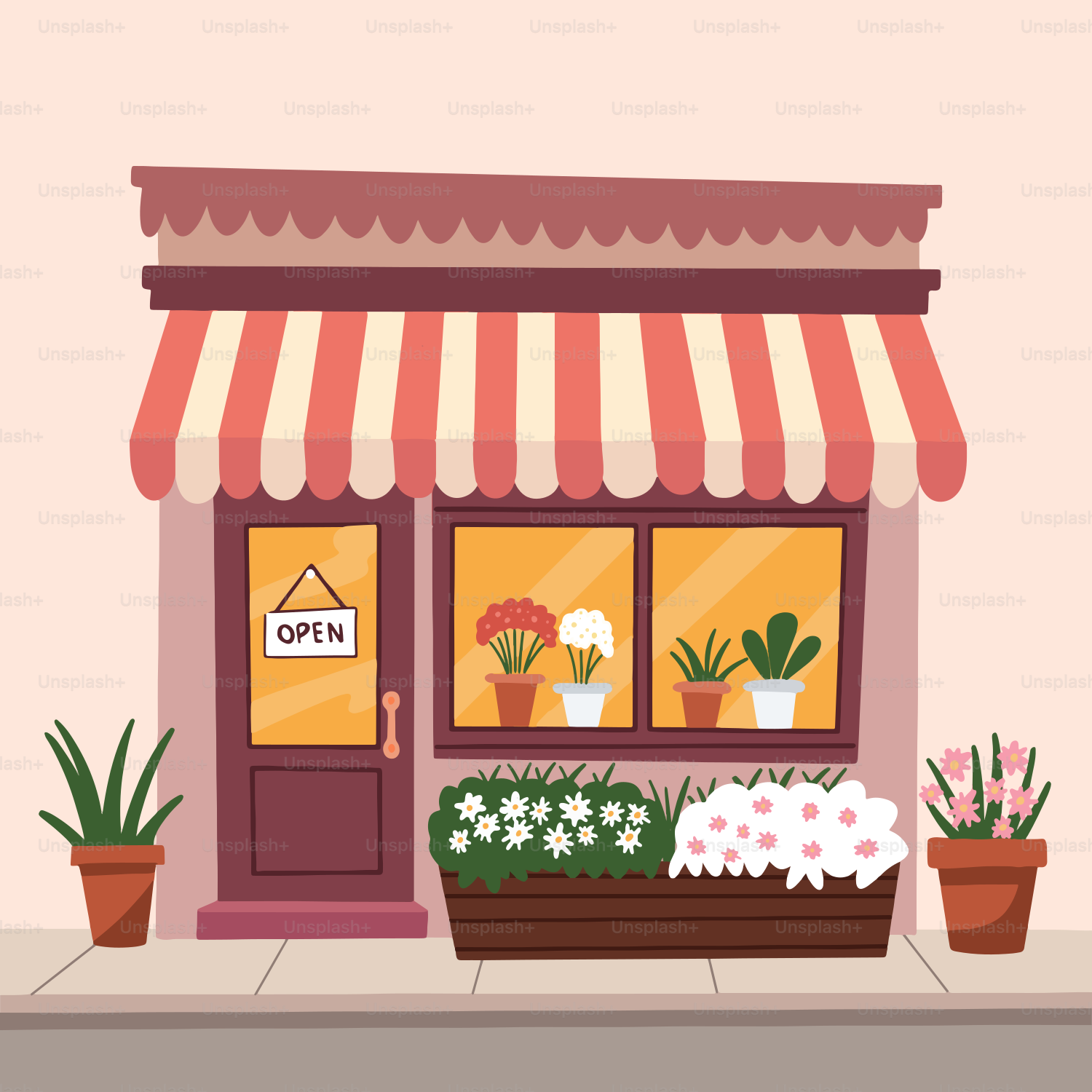 A flower shop with potted plants in front of it