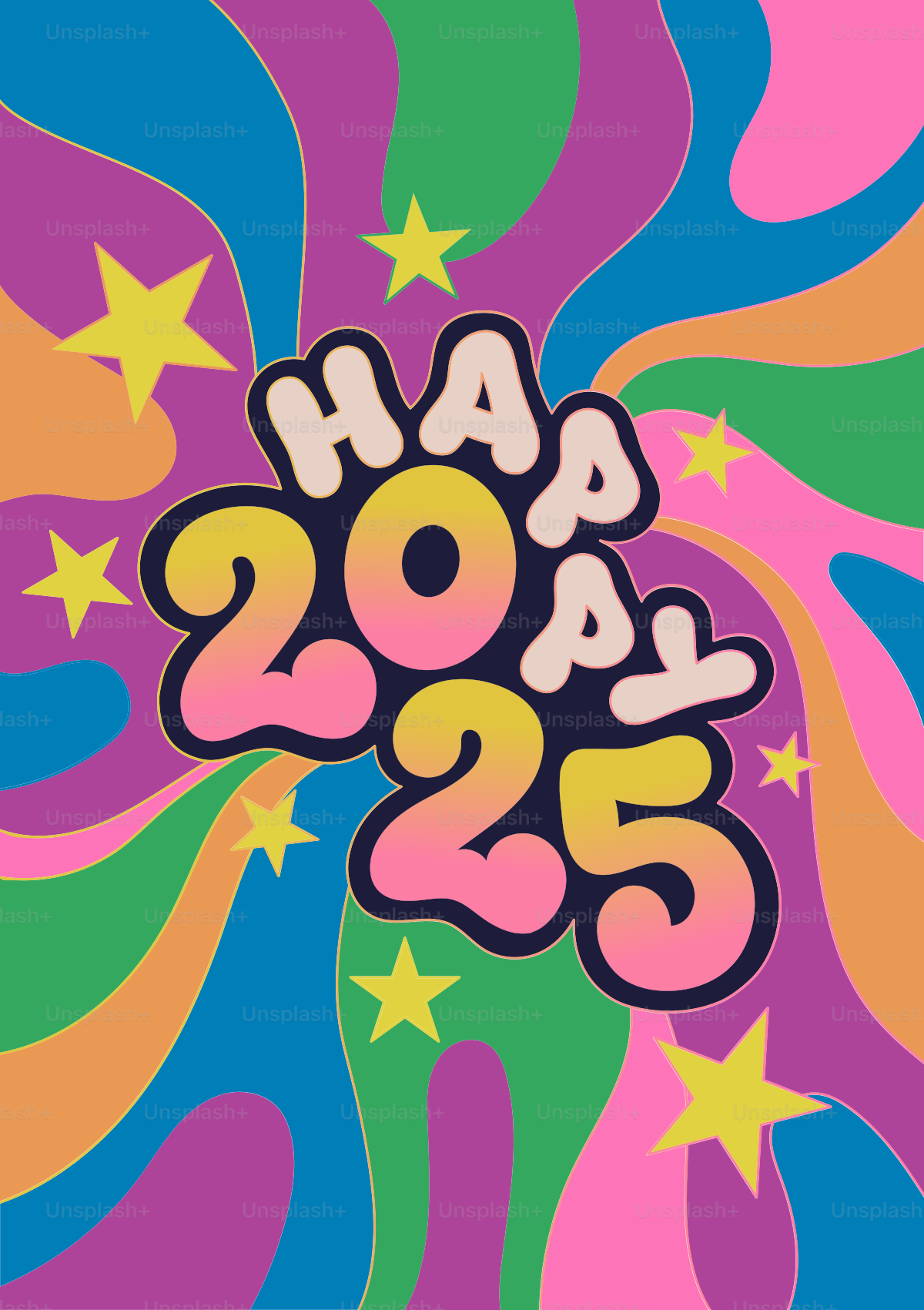 Ein buntes Plakat mit den Worten "Frohes neues Jahr" darauf