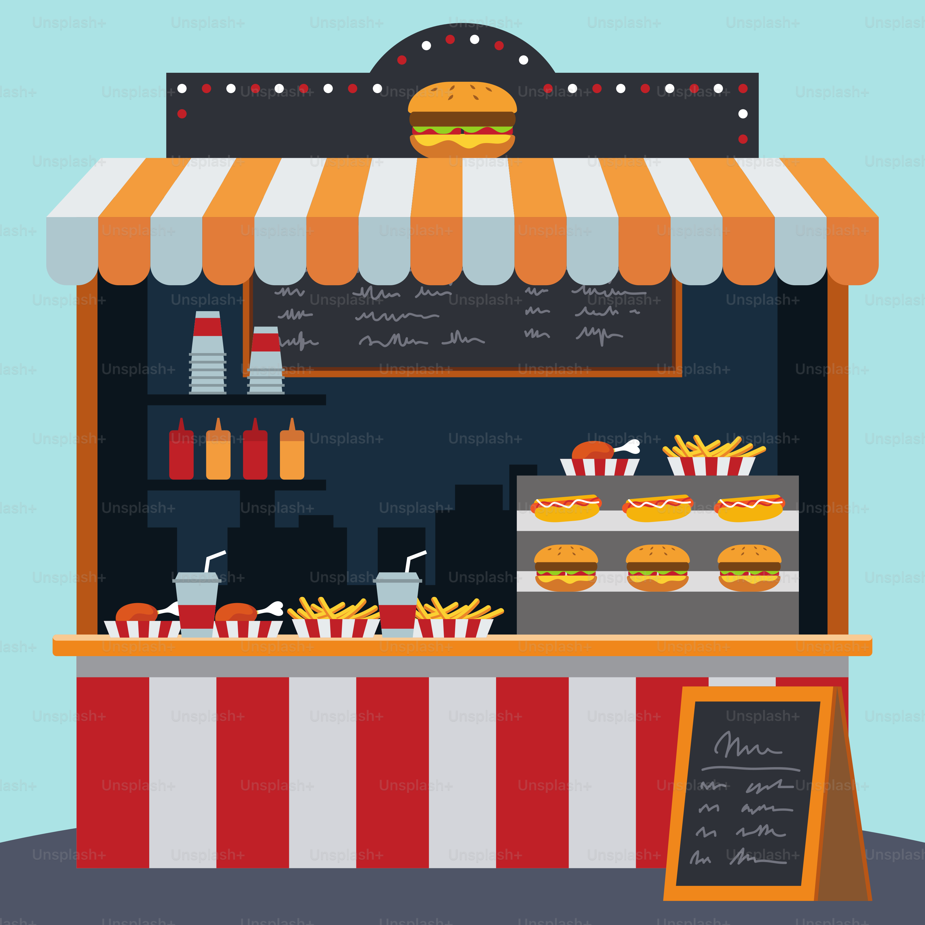 Una ilustración de un puesto de comida con comida encima