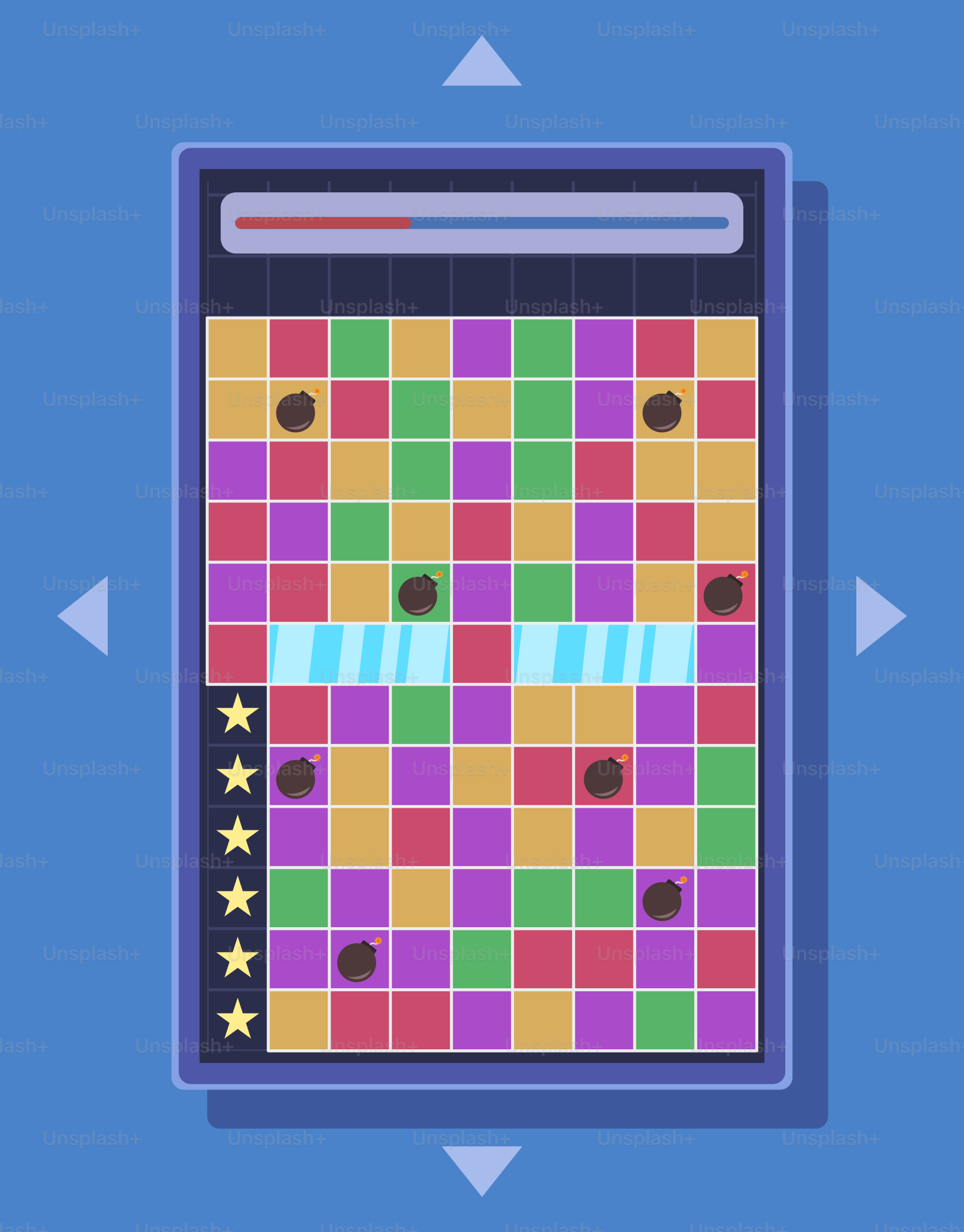 A game board with different colors and shapes