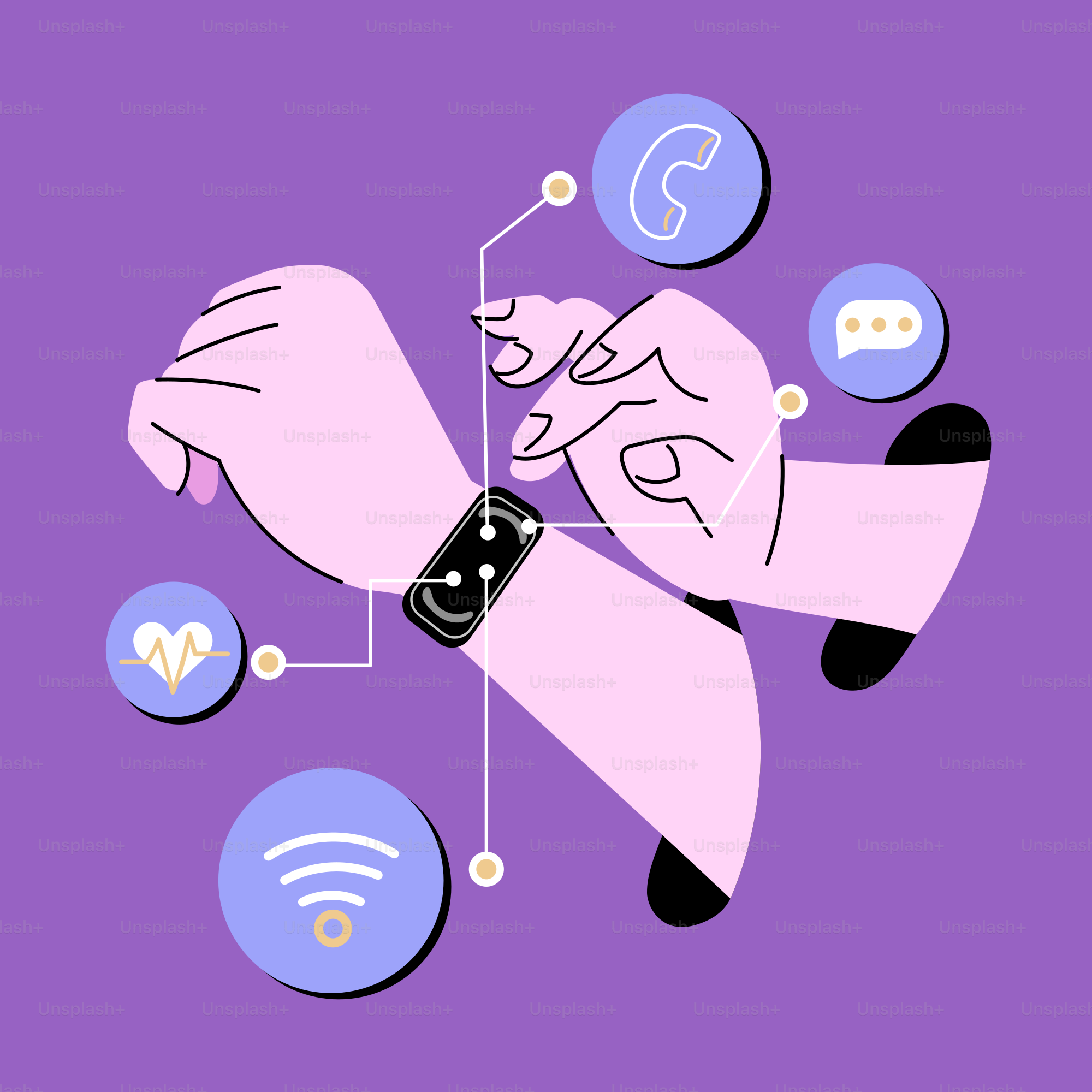 Un fondo morado con una mano sujetando un reloj inteligente
