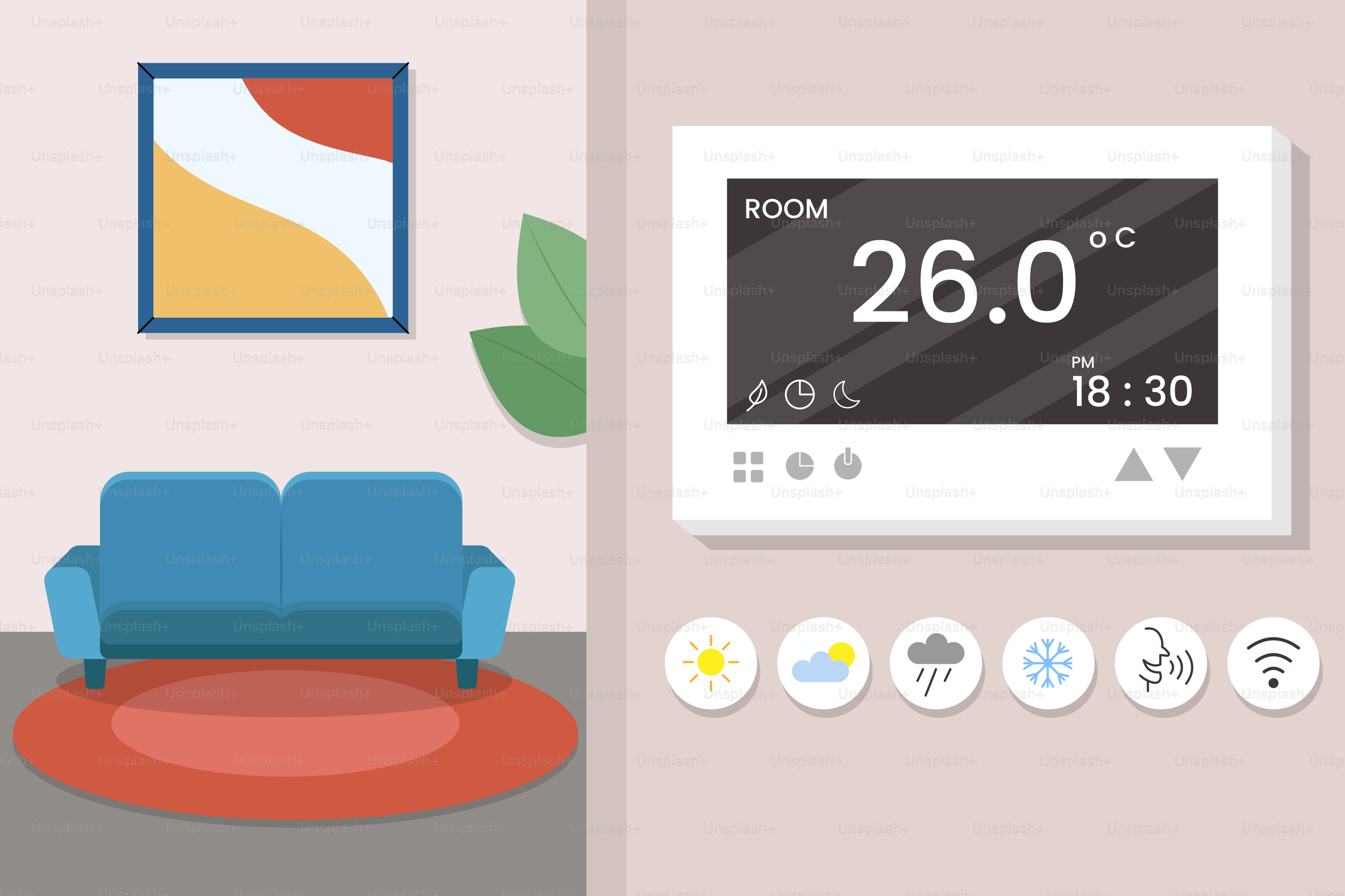 A living room with a blue couch and a thermostaer