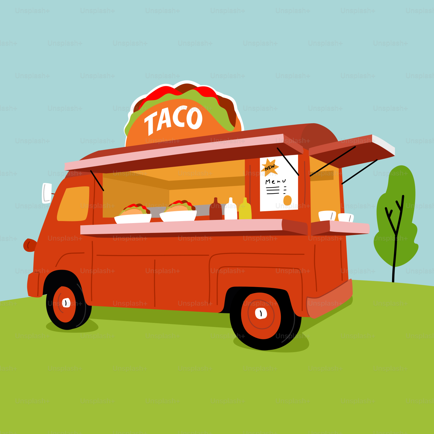 A red taco truck parked in a field