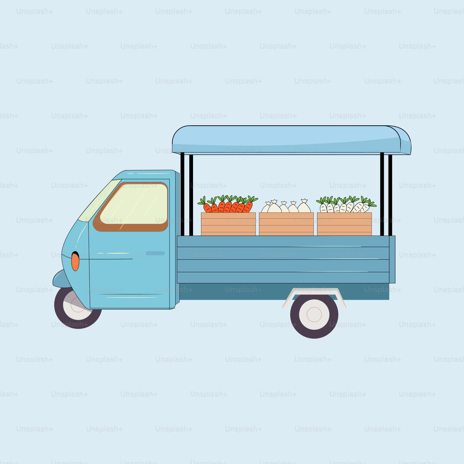 A small blue truck with plants in the back