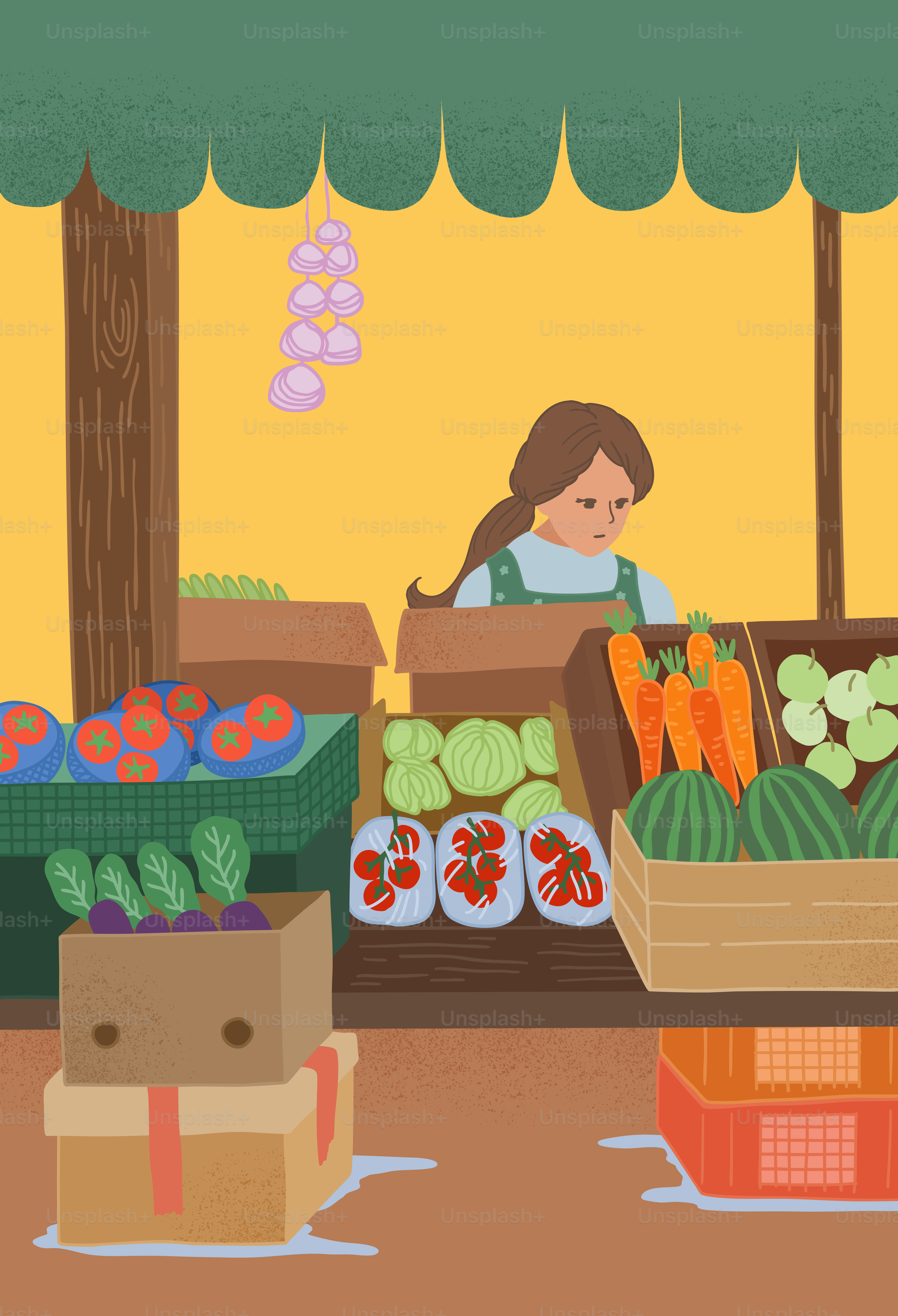 A woman standing in front of boxes of vegetables