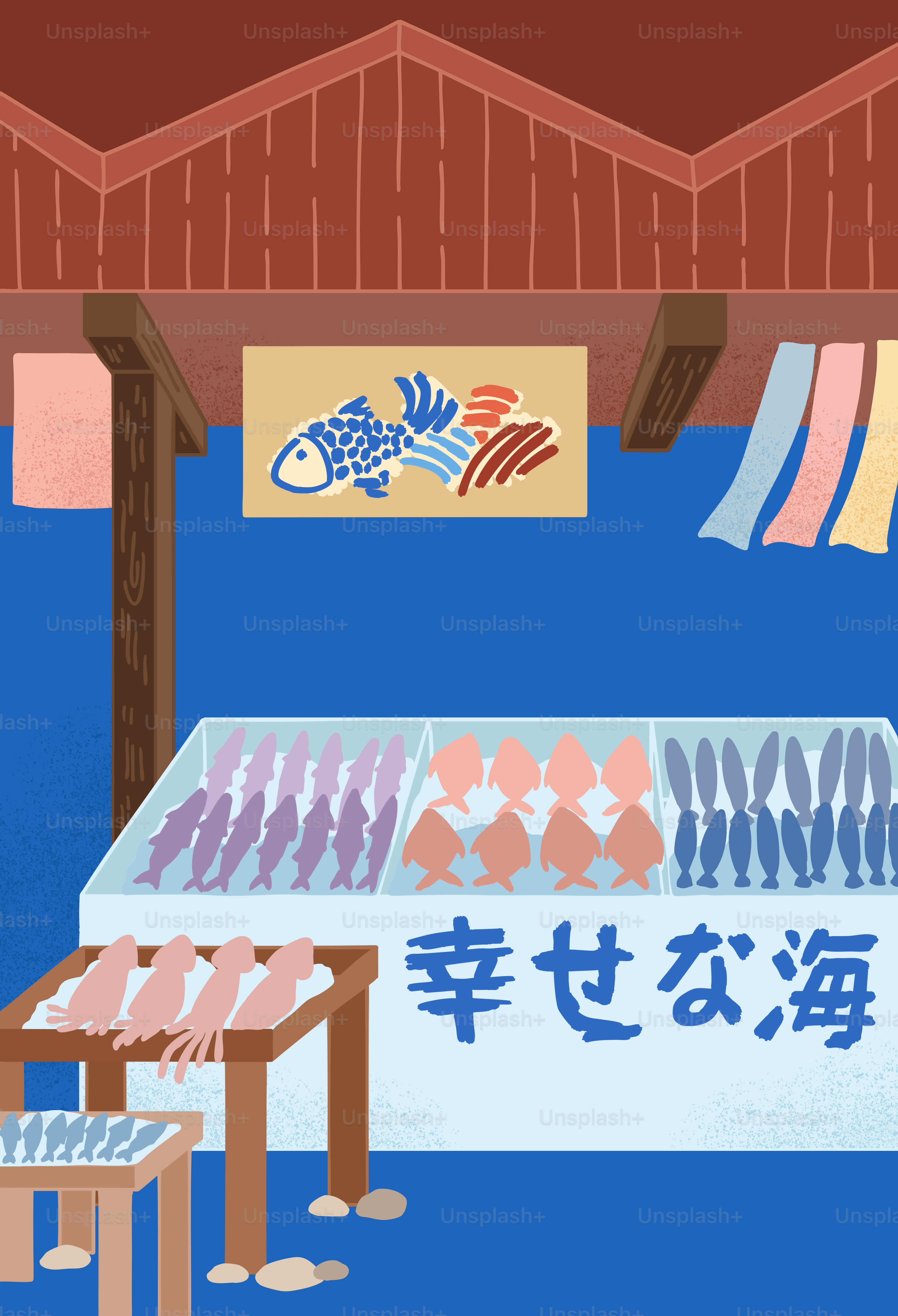 A fish market with a large display of fish for sale