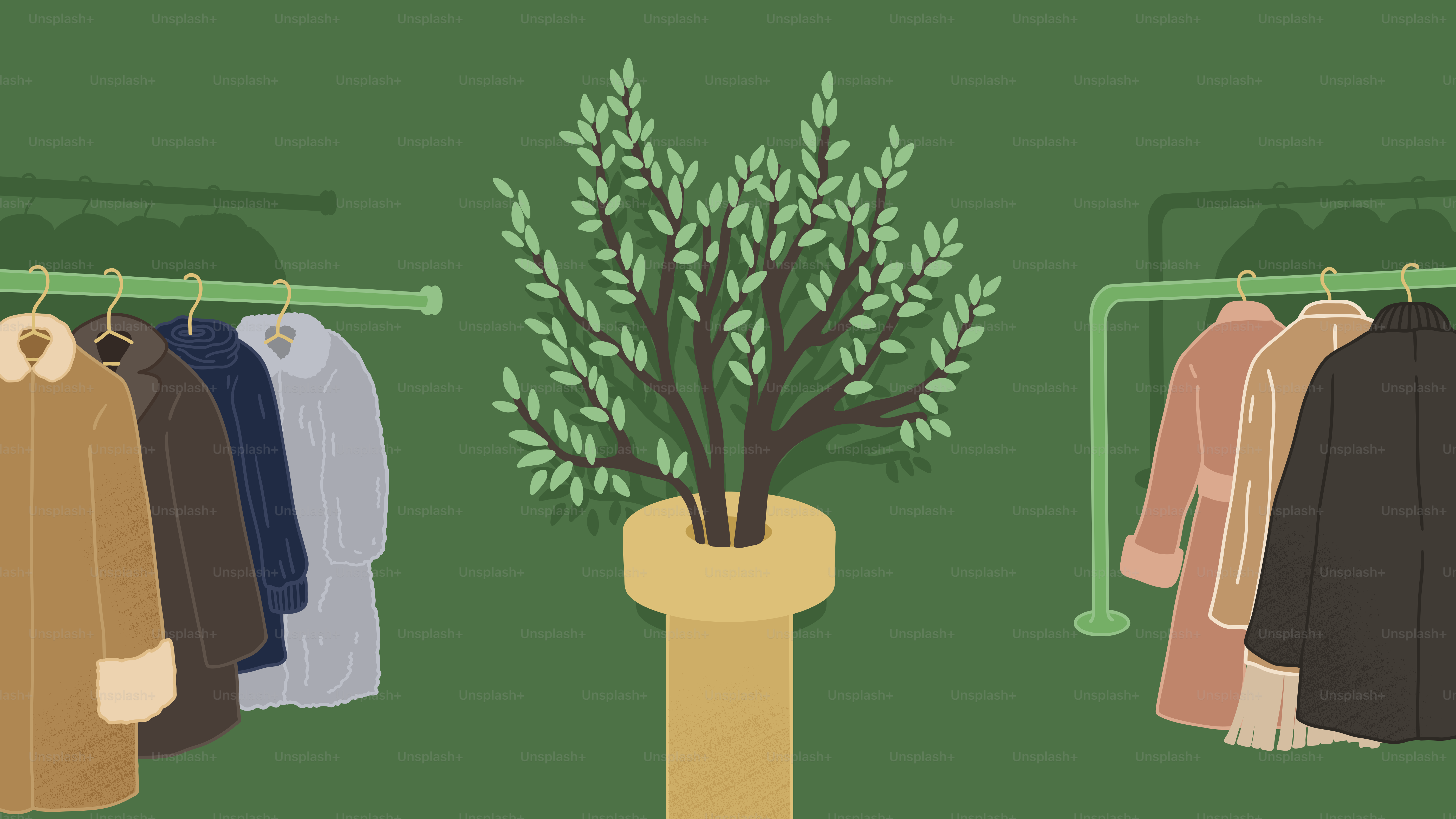Una habitación verde con ropa colgada en un perchero y un árbol en maceta