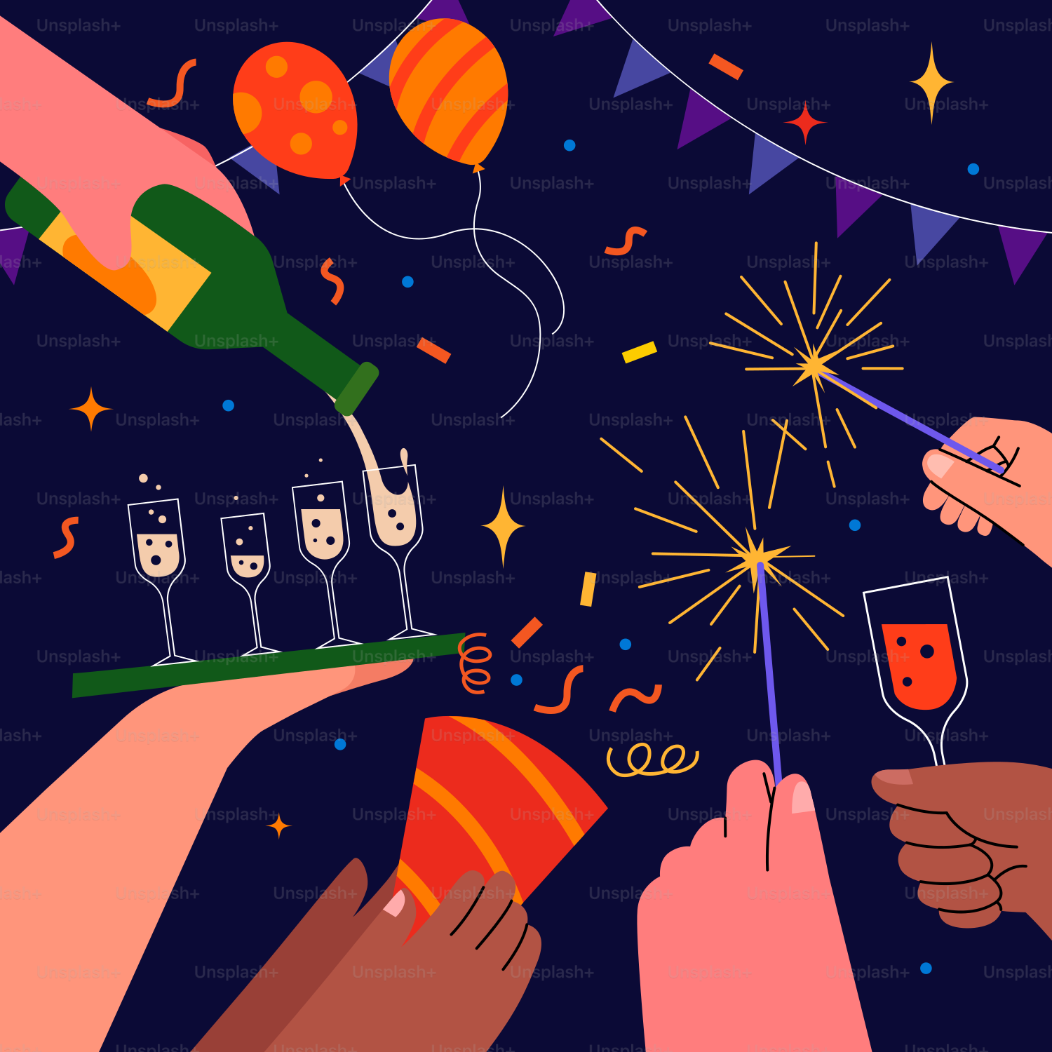 Eine Gruppe von Menschen hält Weingläser und Feuerwerk