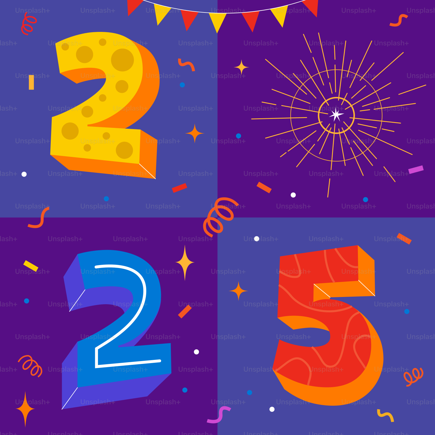 数字の5と花火の誕生日カード