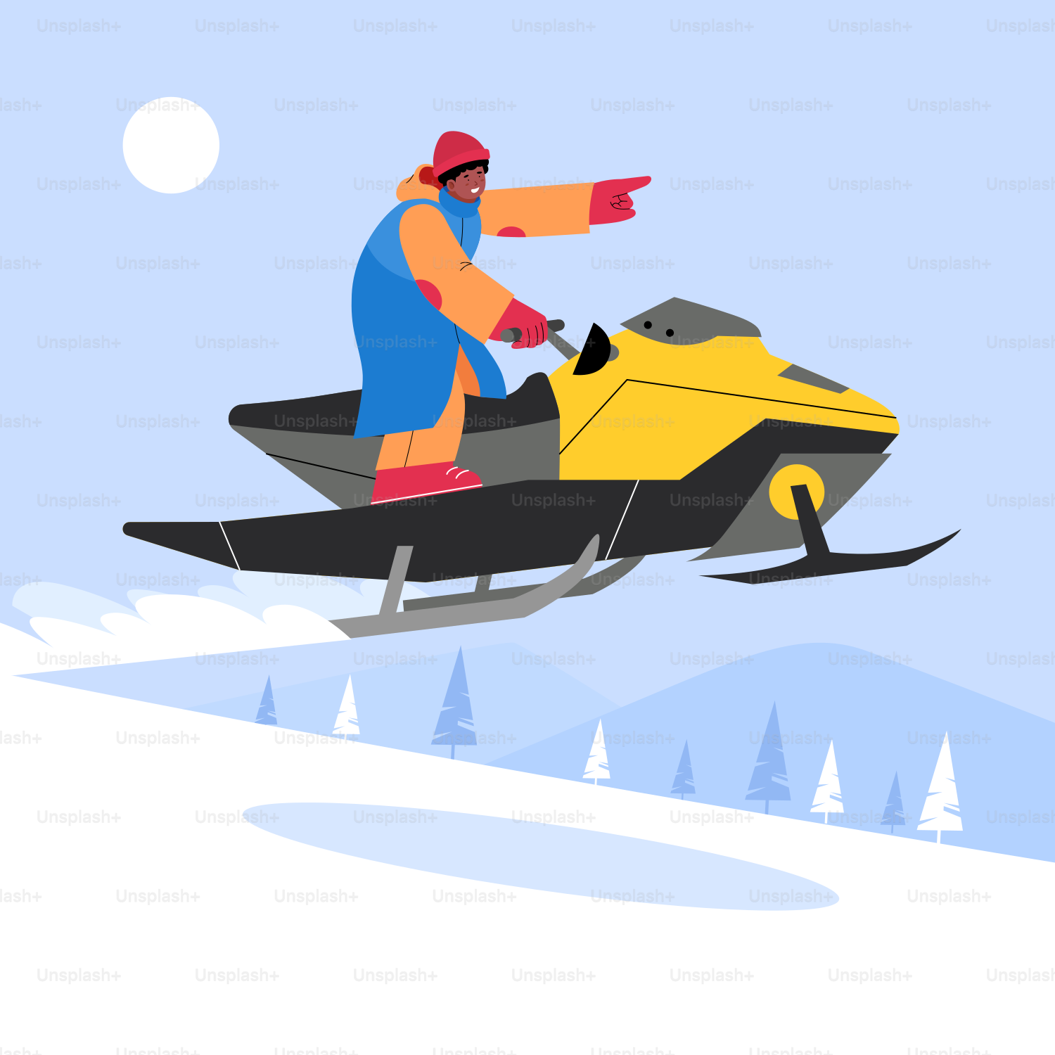 A man riding a snowmobile down a snow covered slope