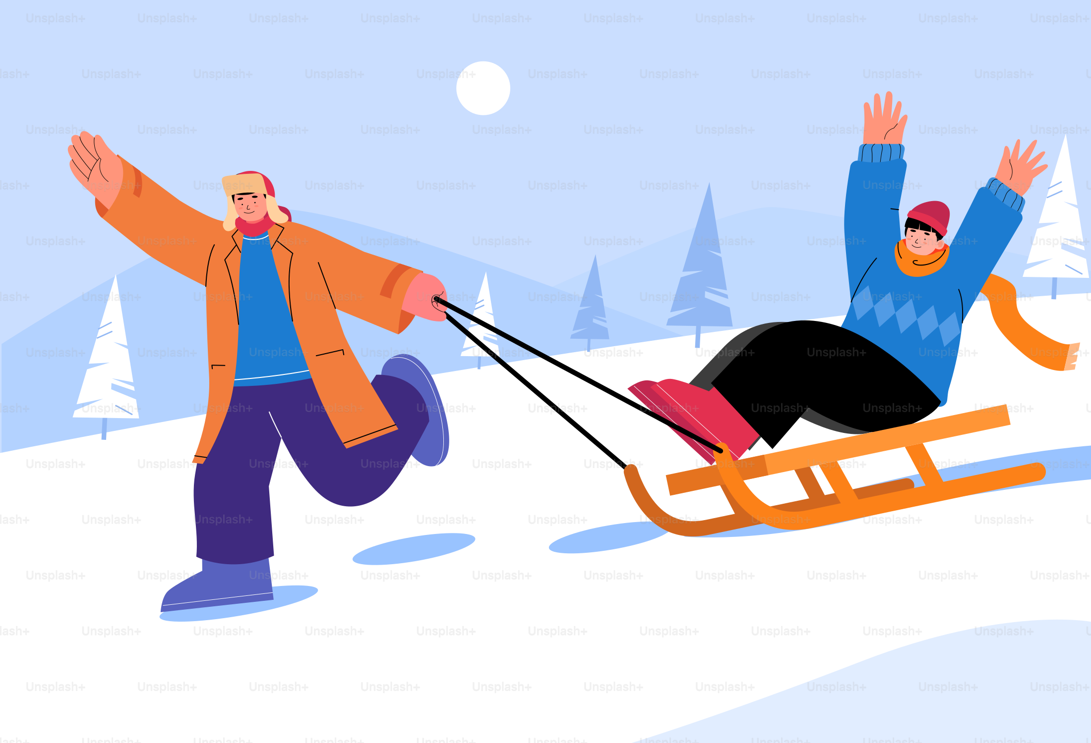 Two people are sledding down a hill in the snow