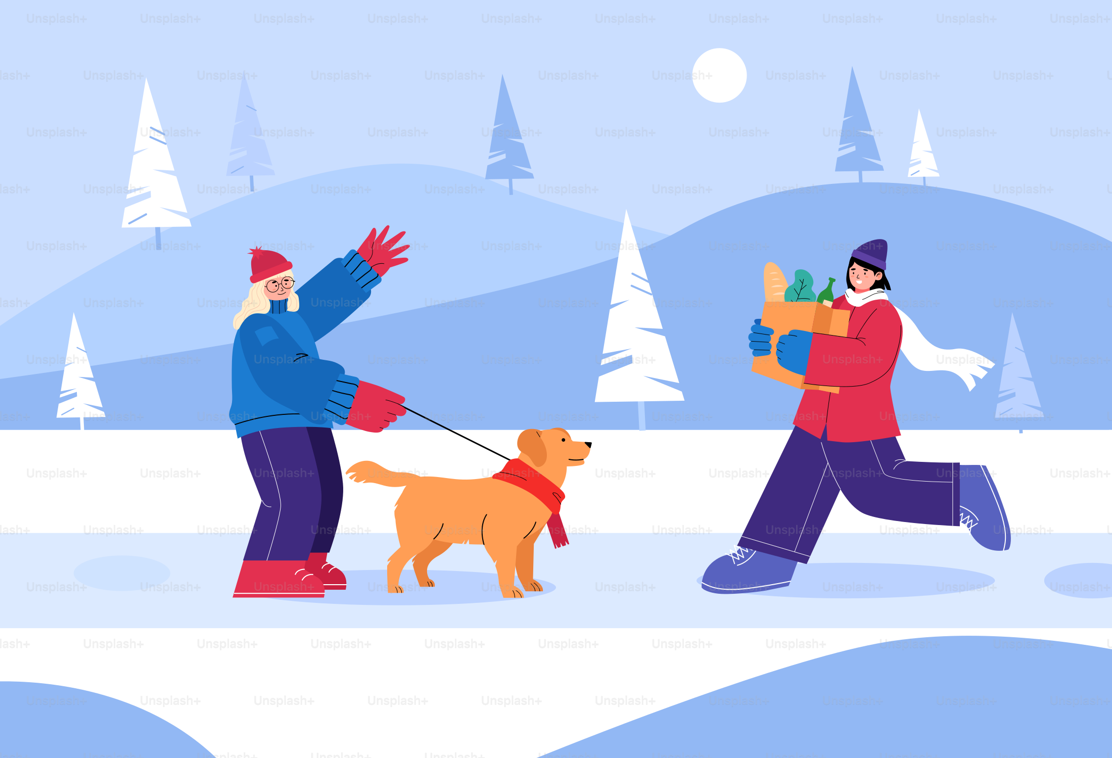 Deux personnes promenant un chien dans la neige