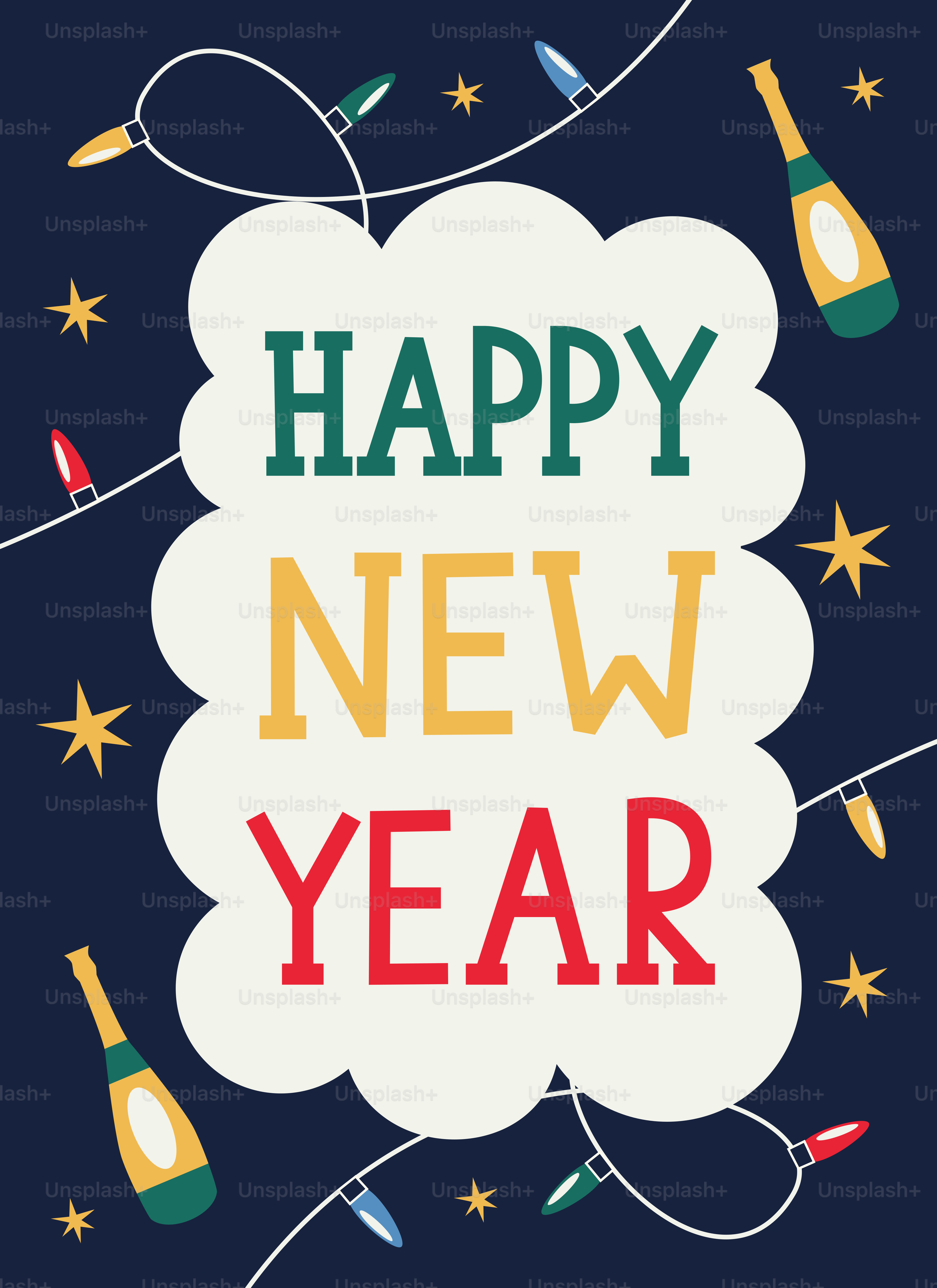 A happy new year card with a bottle of wine