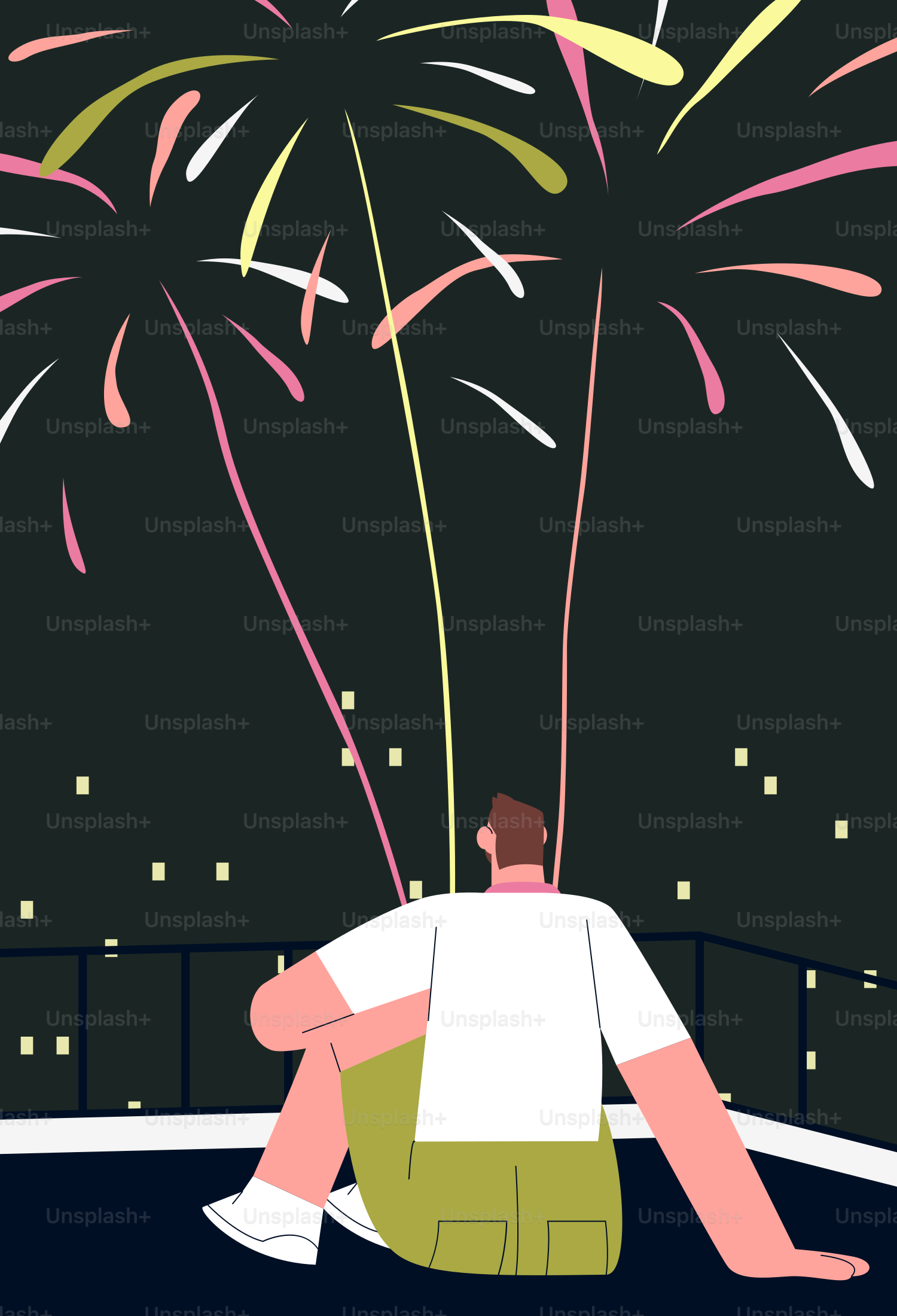 A man sitting on a ledge watching a fireworks display