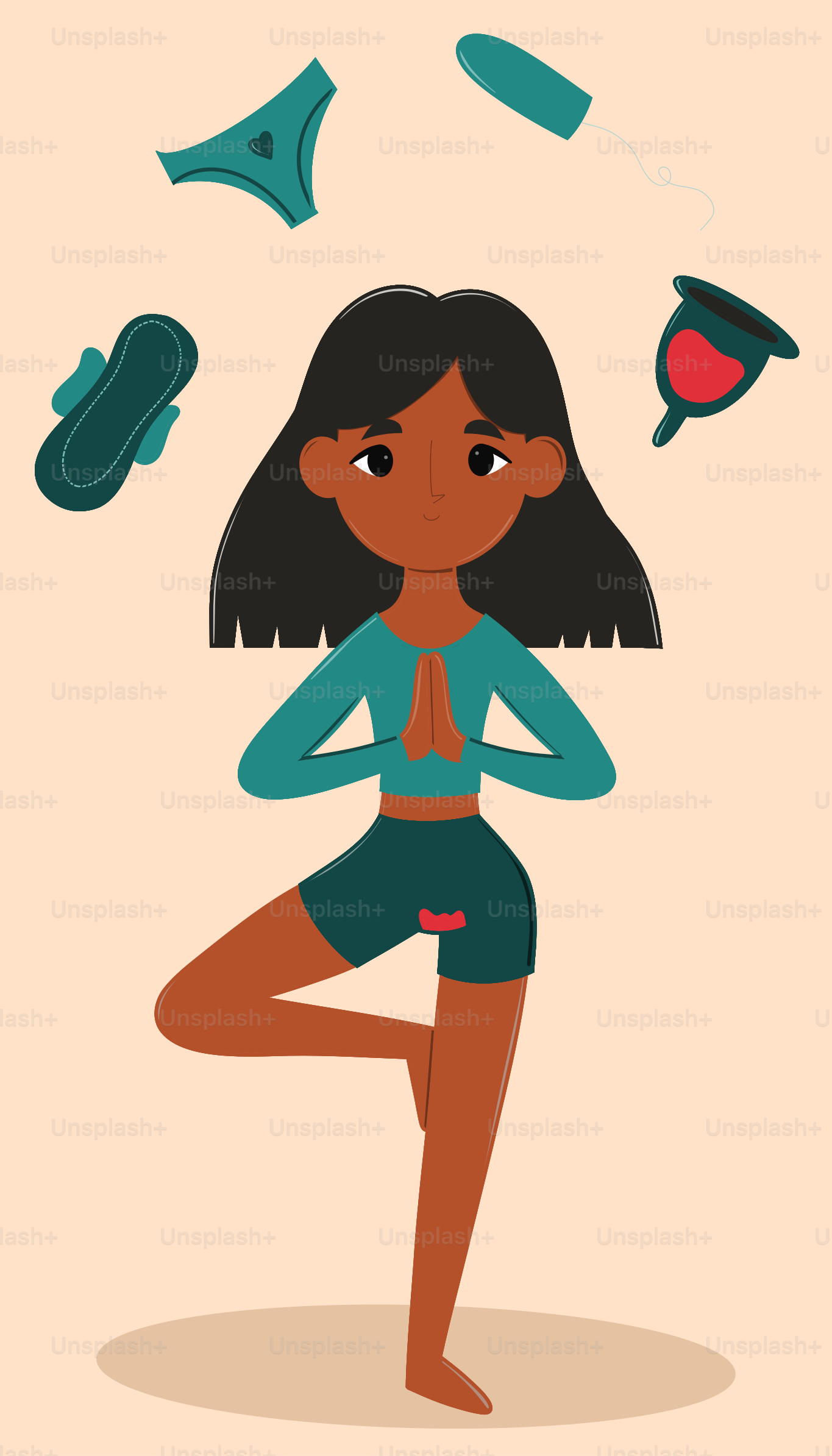 A woman is doing yoga with a lot of objects around her