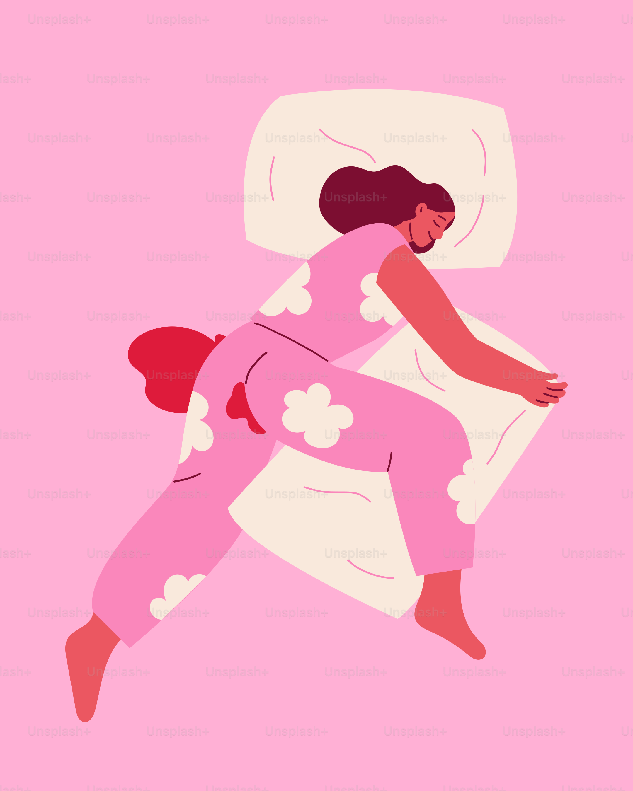 A woman laying on a pillow on a pink background