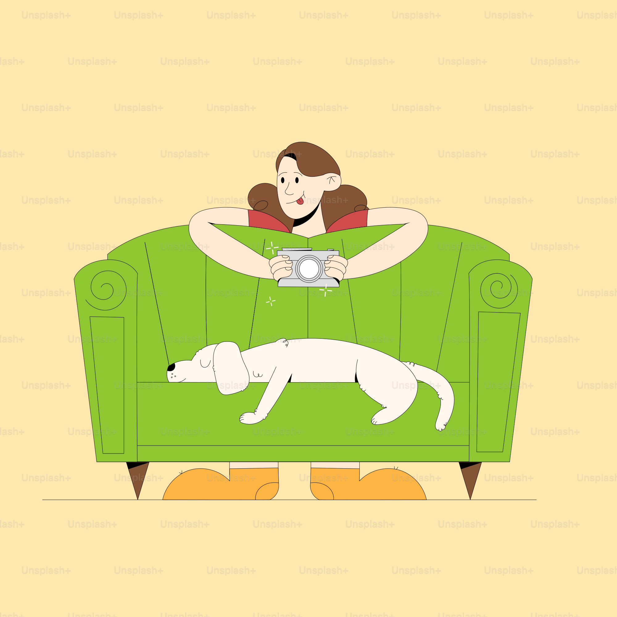 A woman sitting on a green couch with a dog