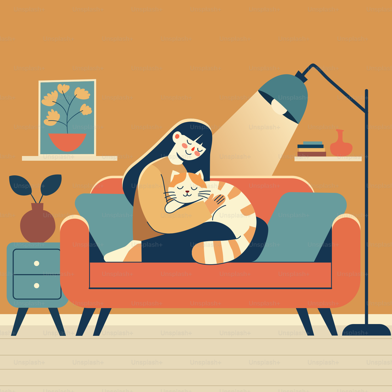 A woman sitting on a couch holding a cat
