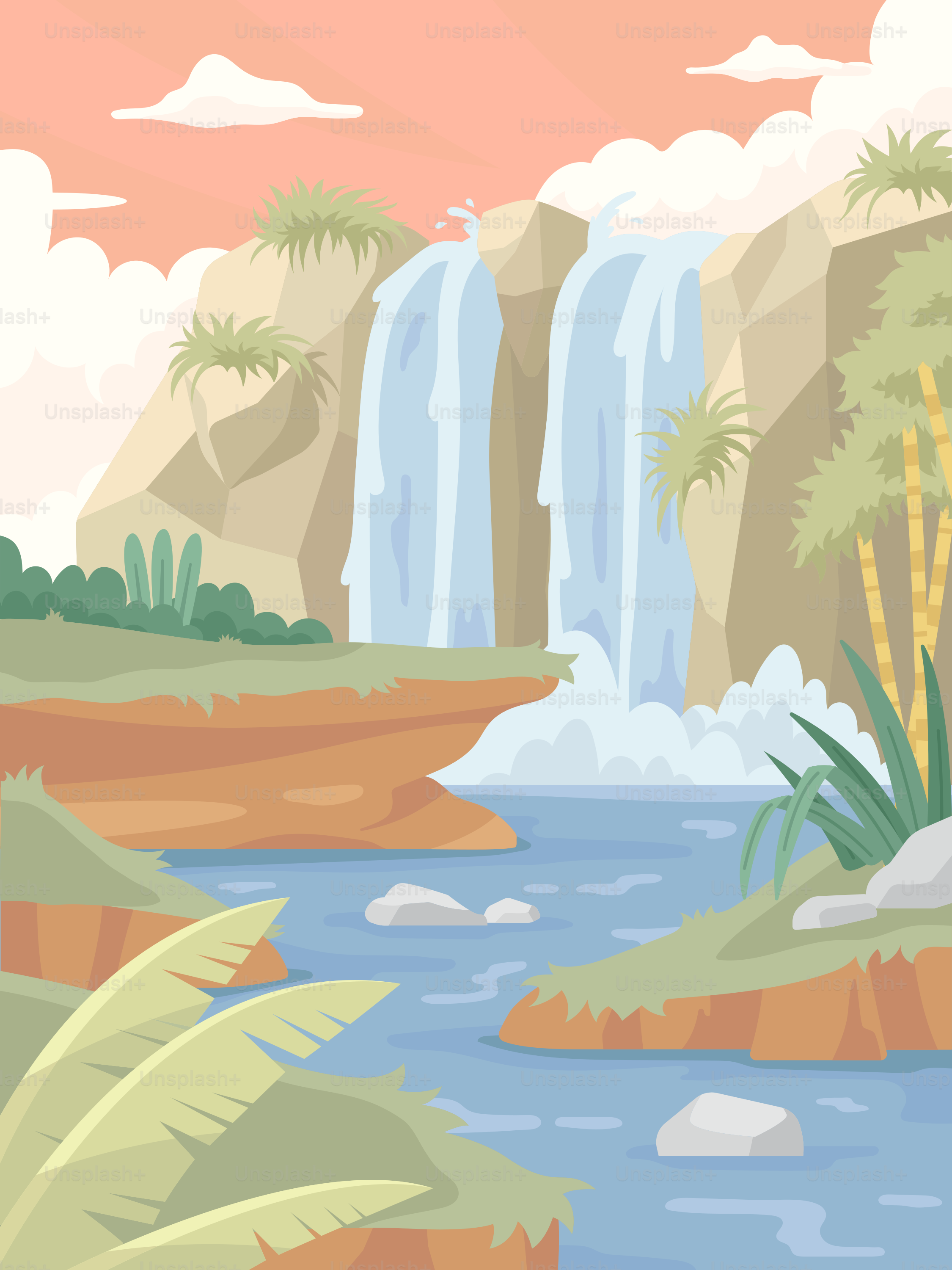 A painting of a waterfall in the jungle