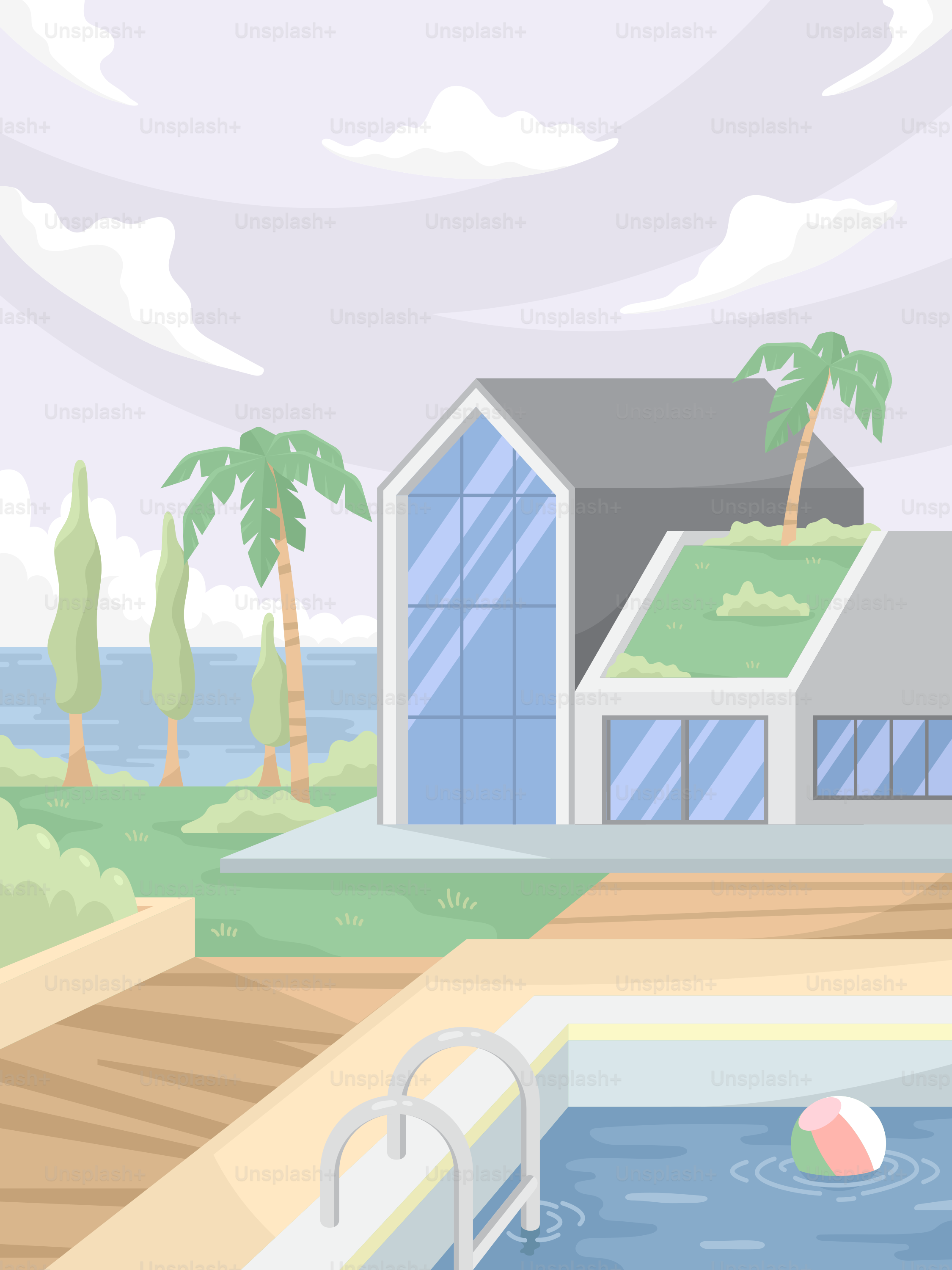 Una piscina con una casa sullo sfondo