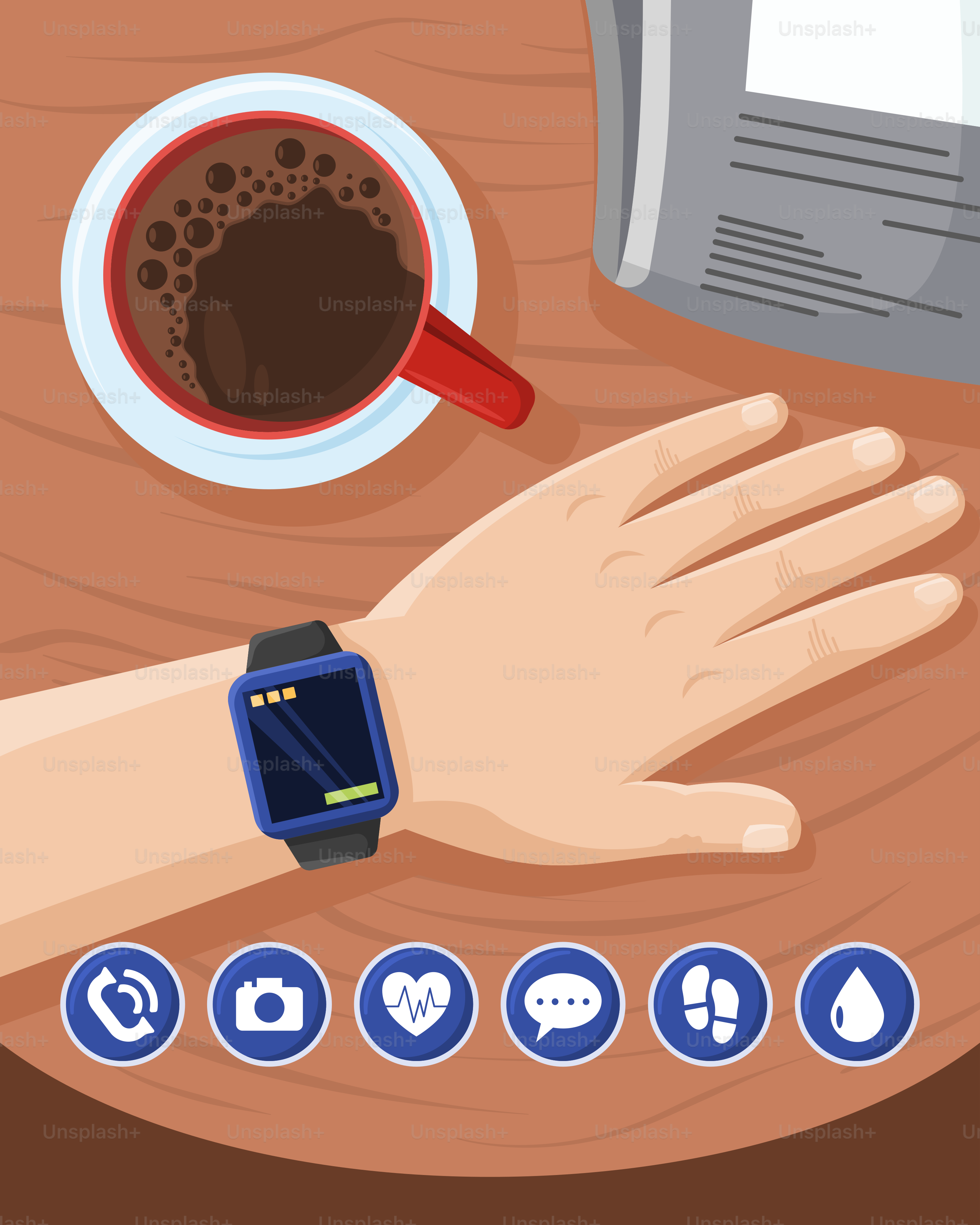 Eine Person mit einer Smartwatch am Handgelenk neben einer Tasse Kaffee