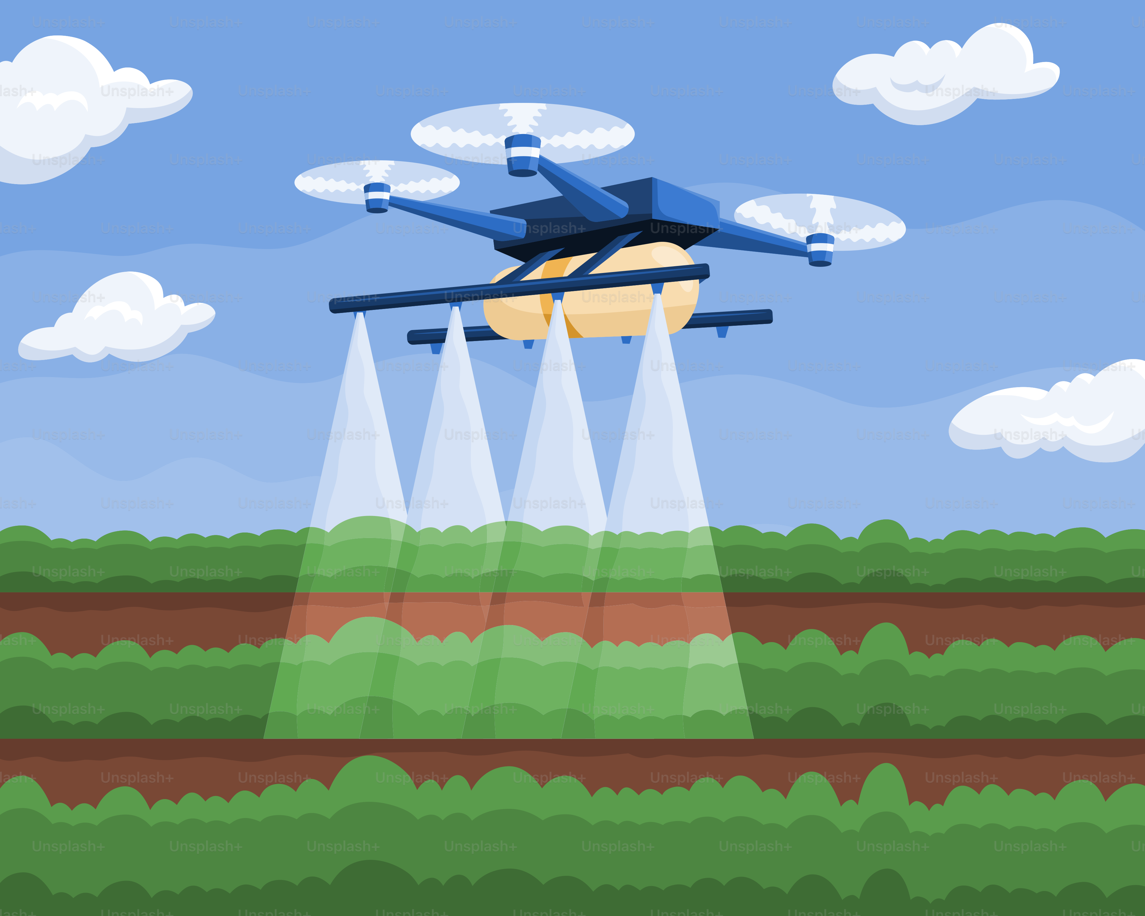 A blue airplane flying over a field of crops