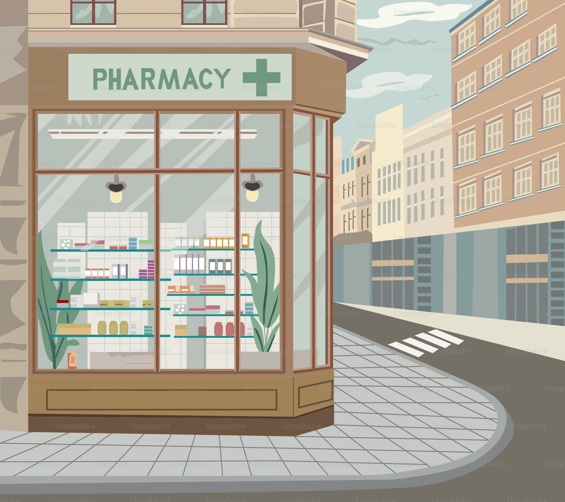 Uma farmácia em uma esquina da cidade