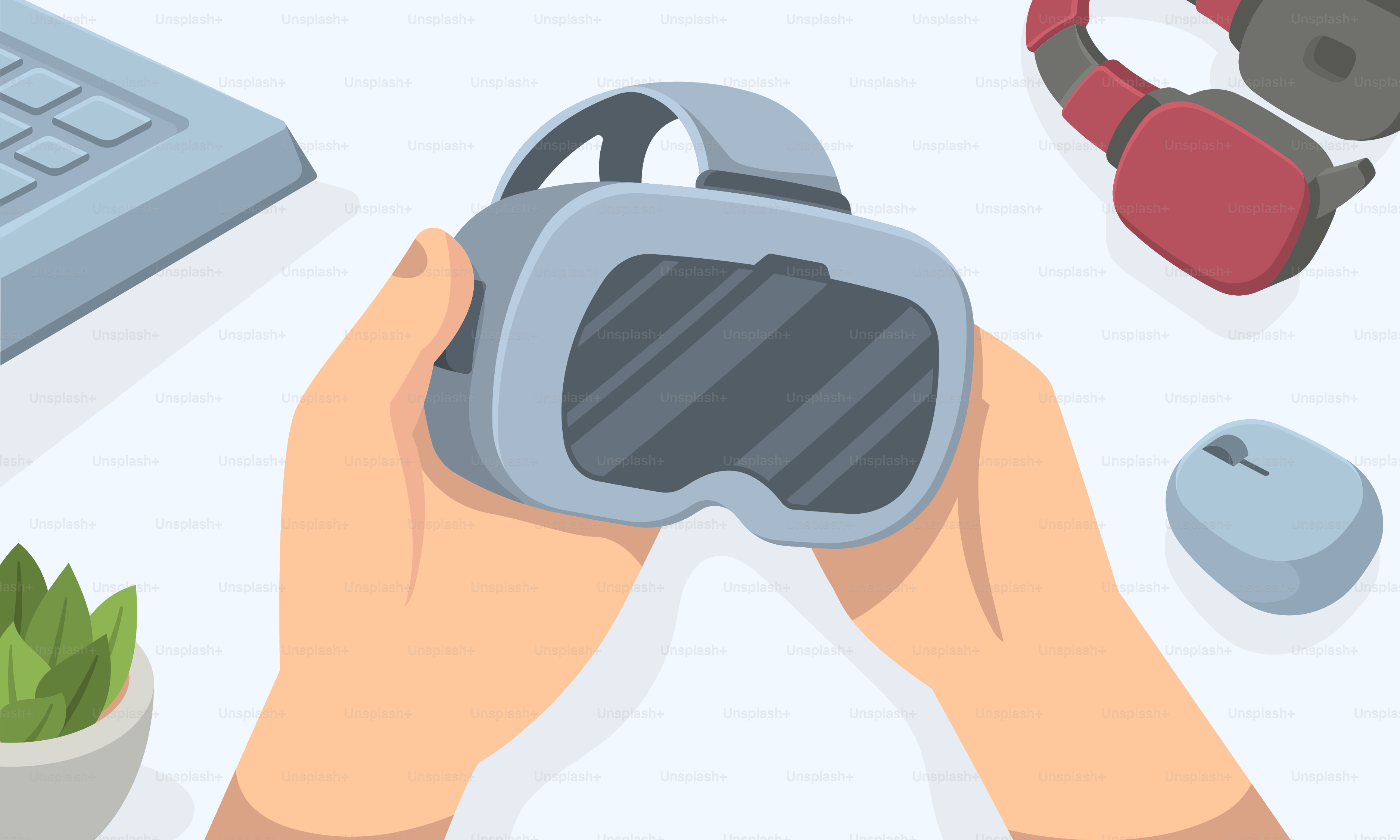 Eine Person hält ein virtuelles Headset vor einem Computer