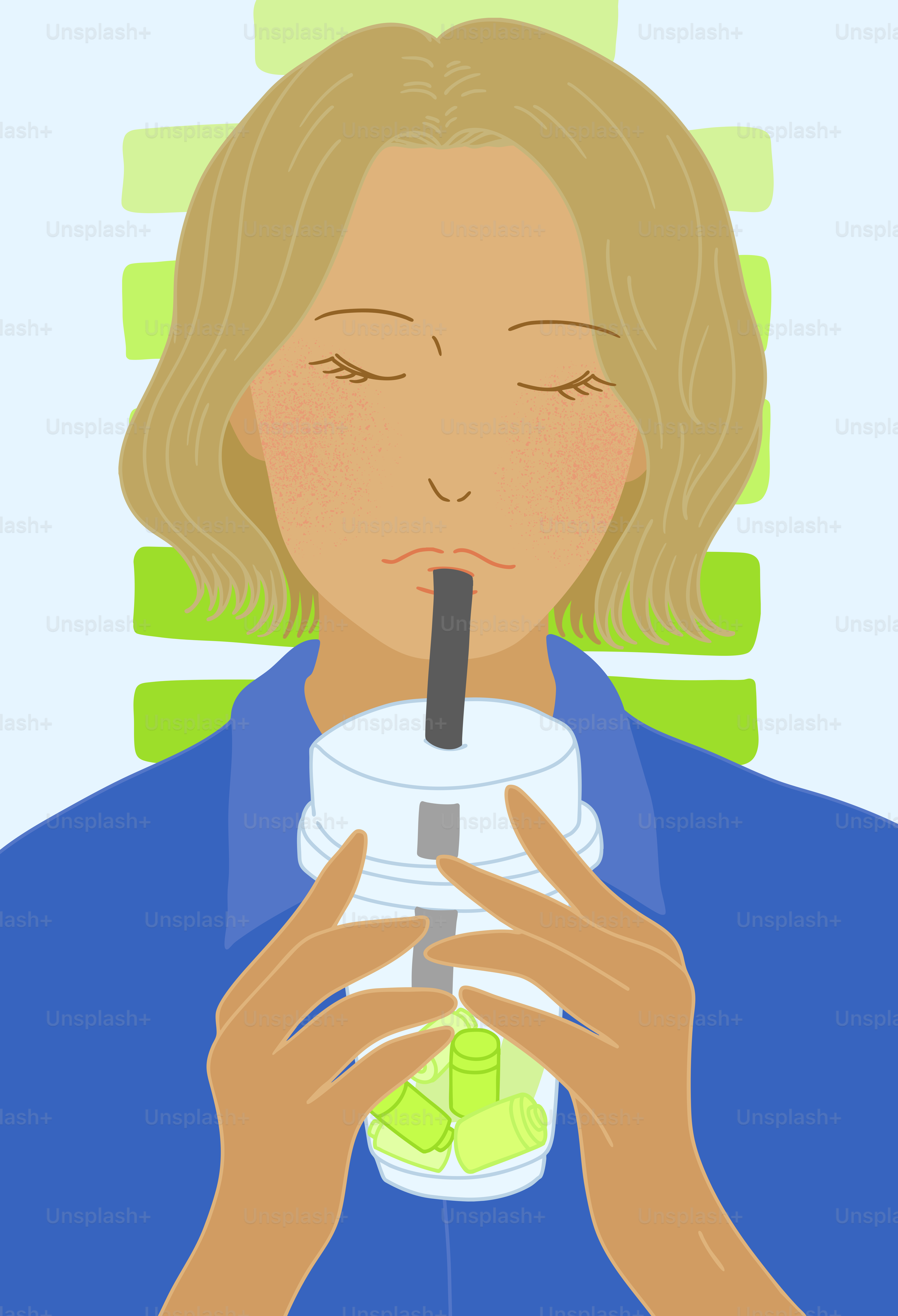 A woman drinking from a cup with a straw in her mouth