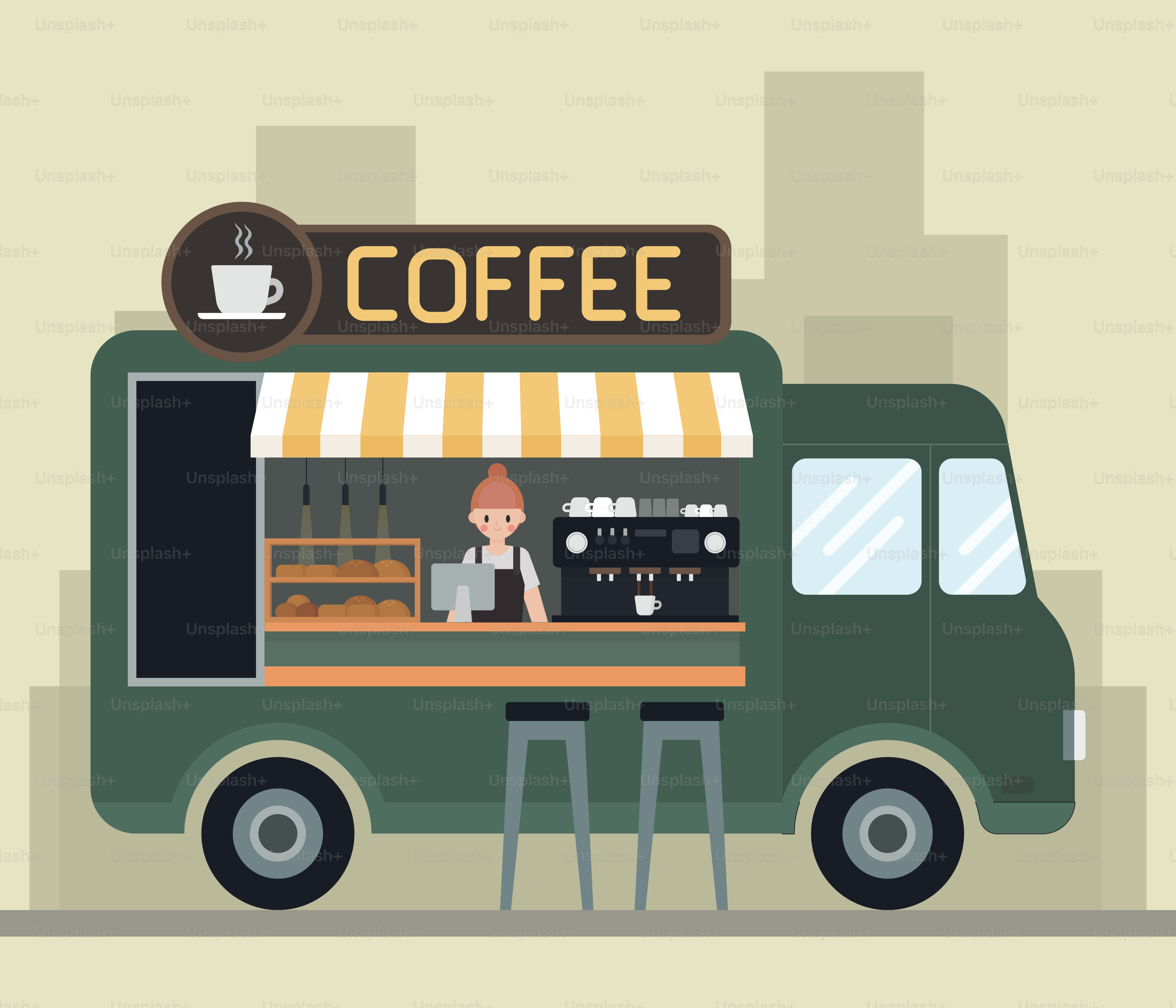 A coffee truck with a man sitting at the counter