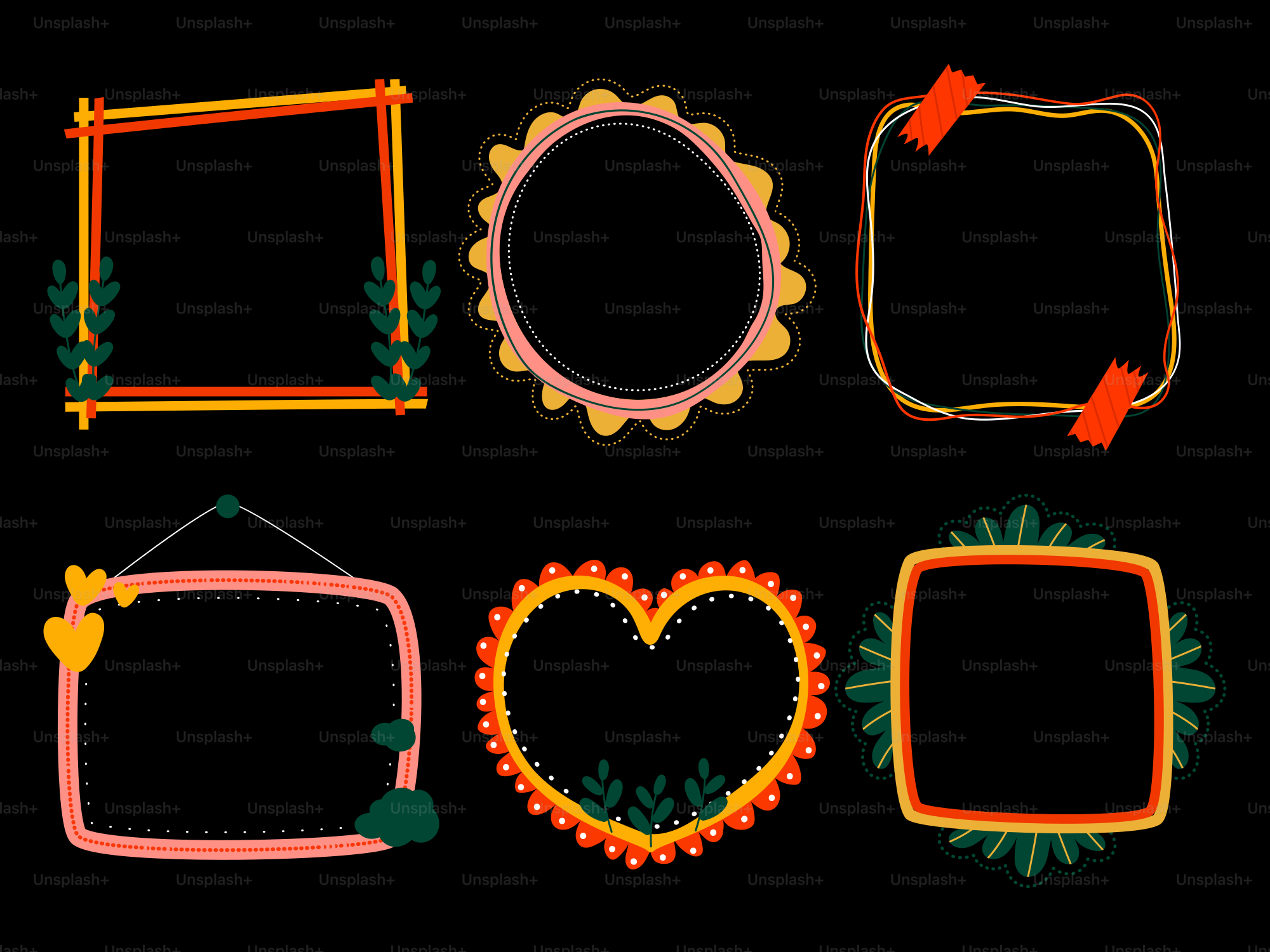 A set of neon colored frames with hearts