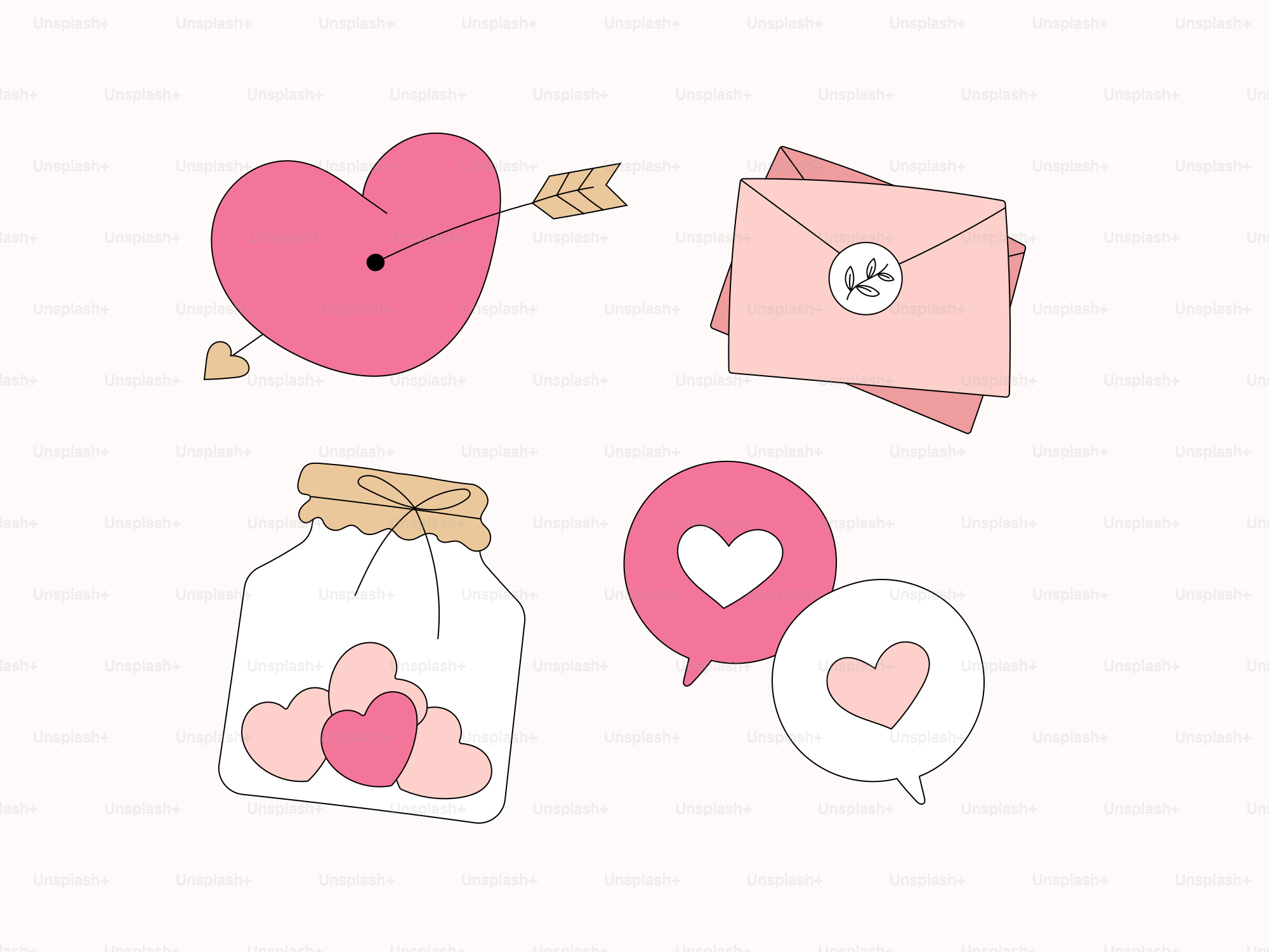 A collection of pink and white items on a white background