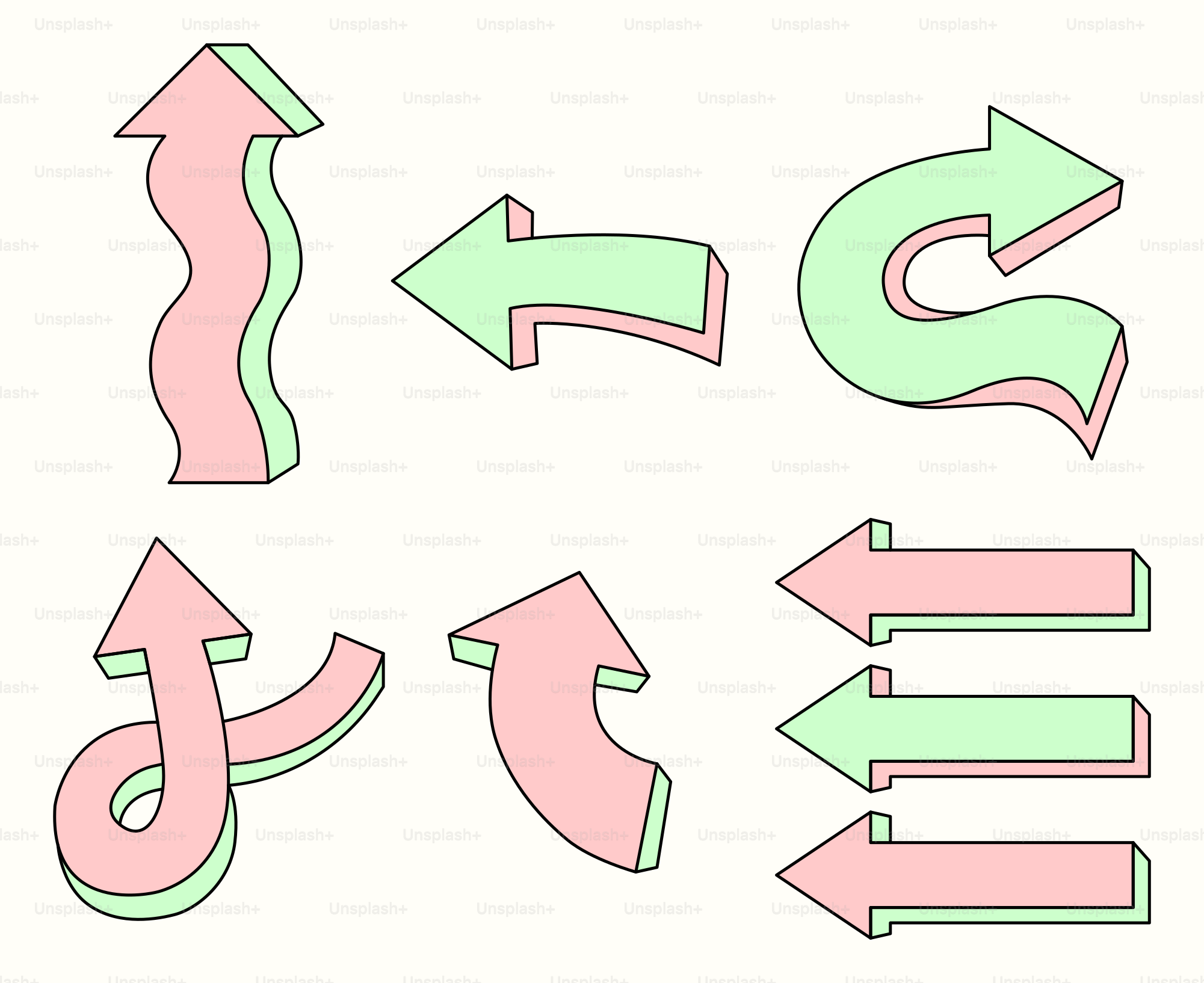 A set of pink and green arrows on a white background