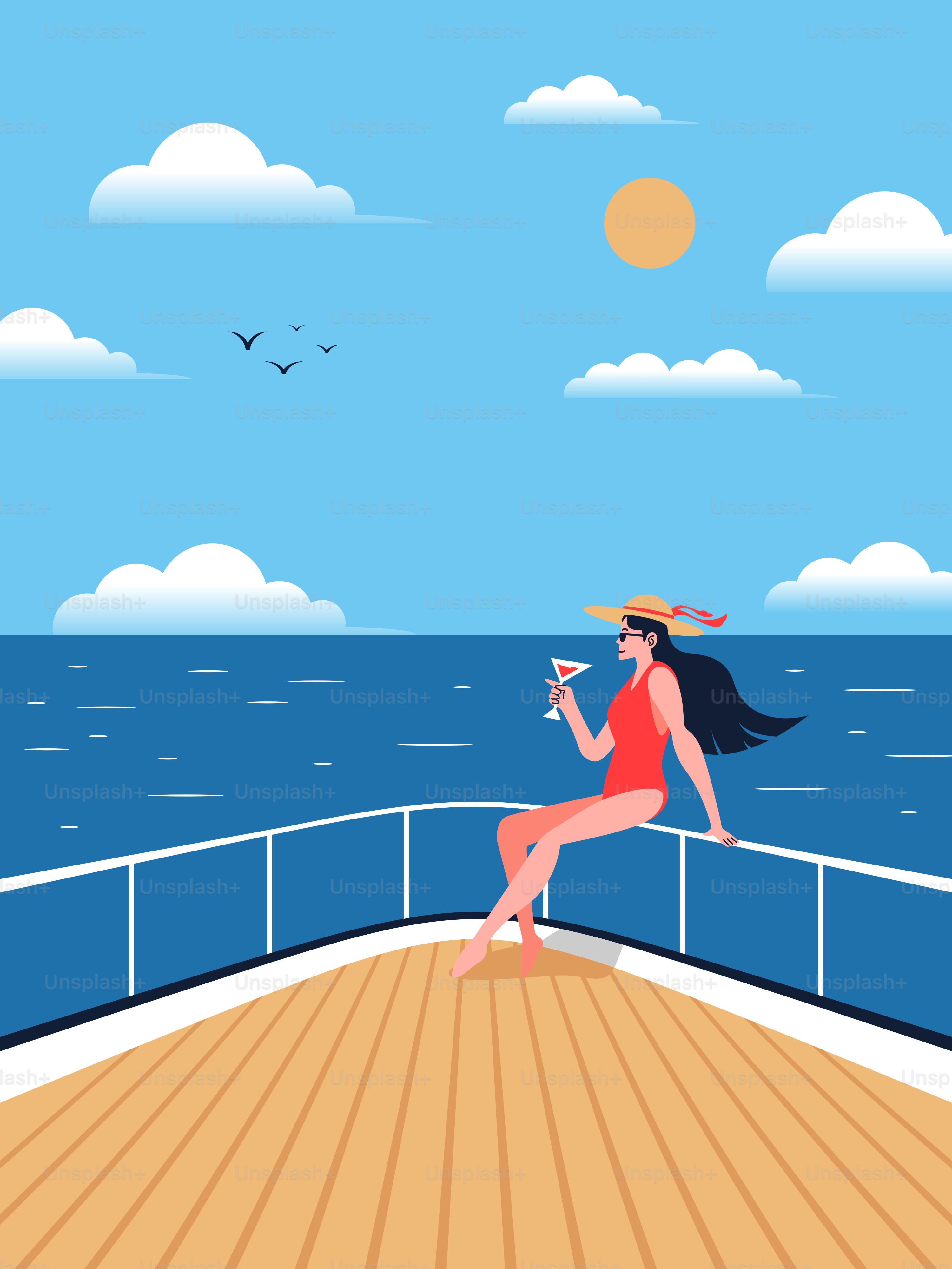 A woman in a red dress is sitting on the deck of a boat