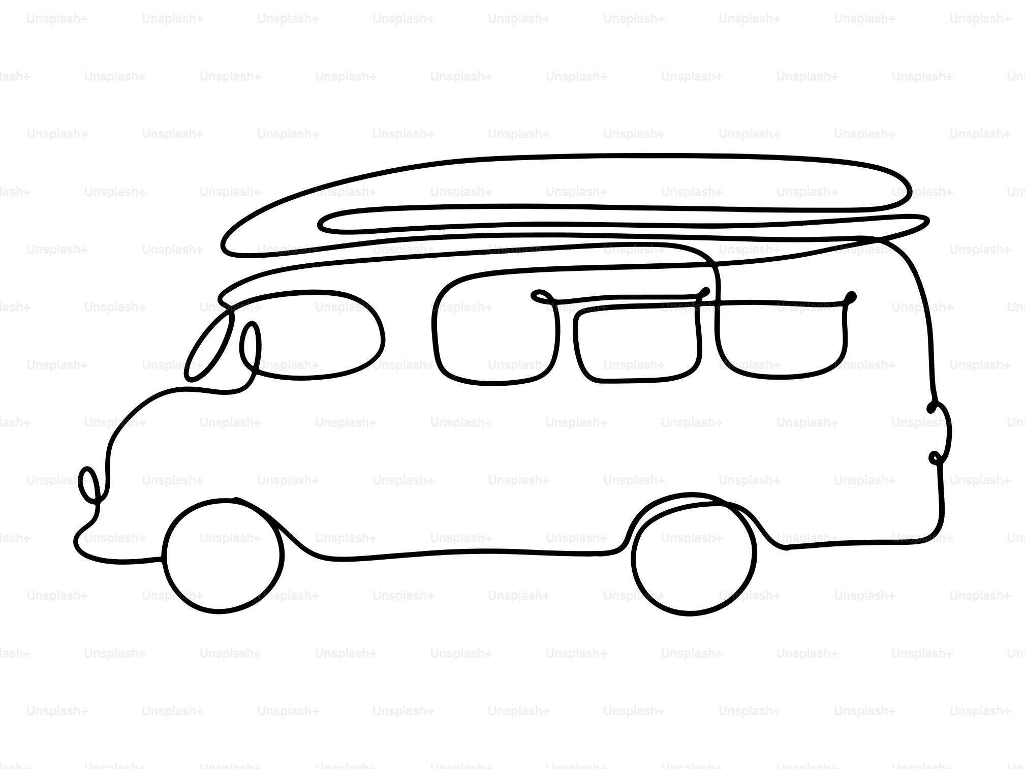 A drawing of a bus with a surfboard on top of it