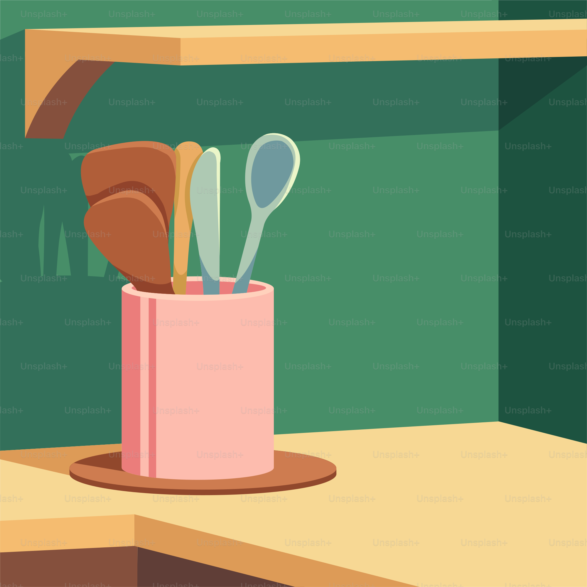 A pink cup with spoons and spoons in it