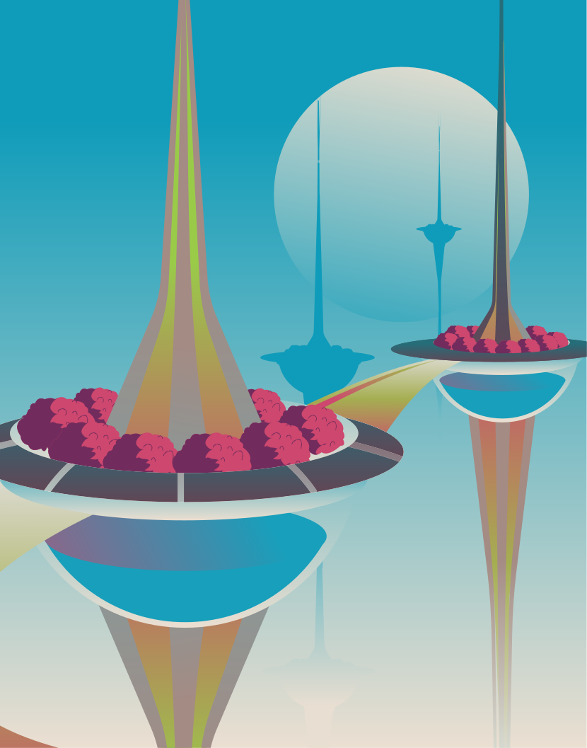 A poster of a space station with a rocket in the background