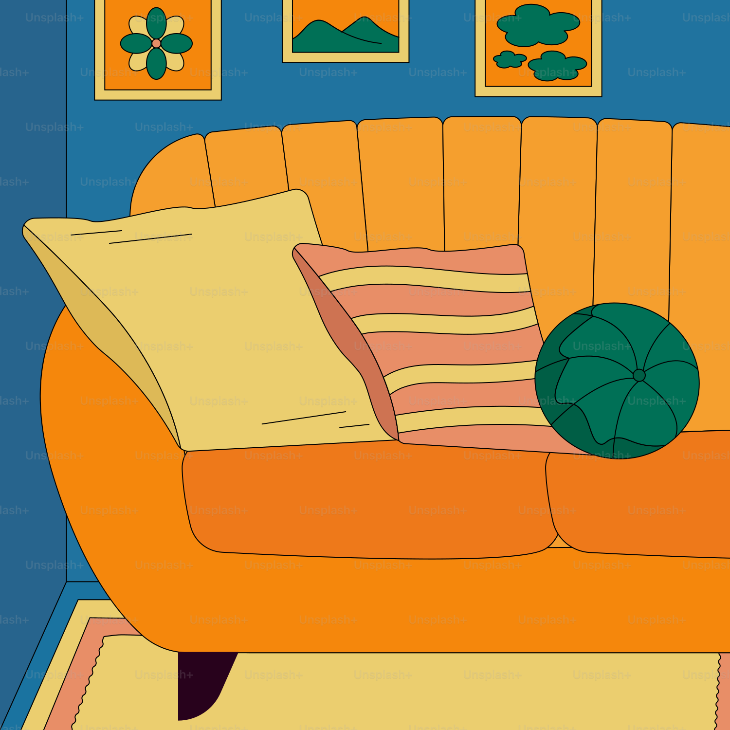 A living room with a couch and pictures on the wall