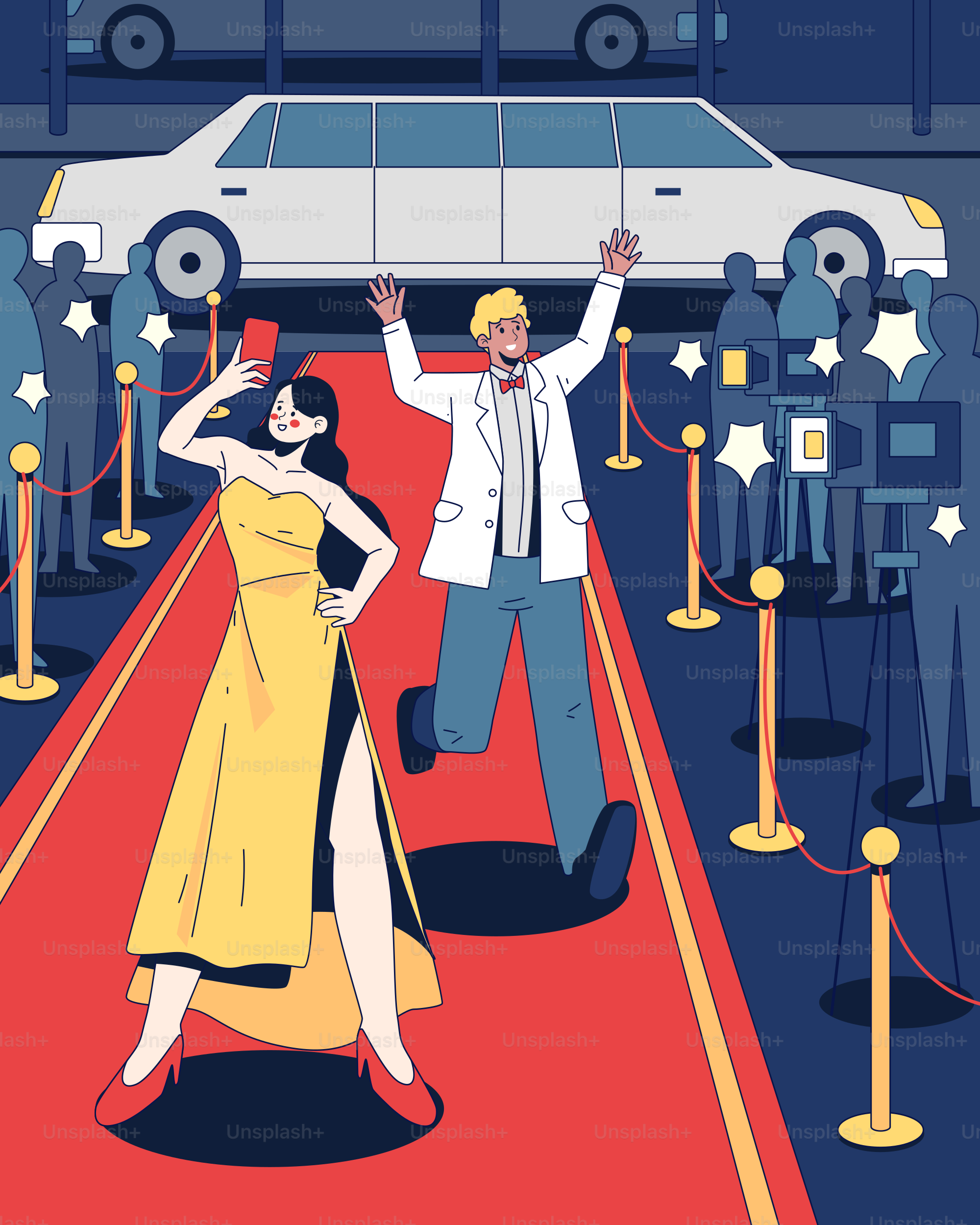 A man and a woman standing on a red carpet