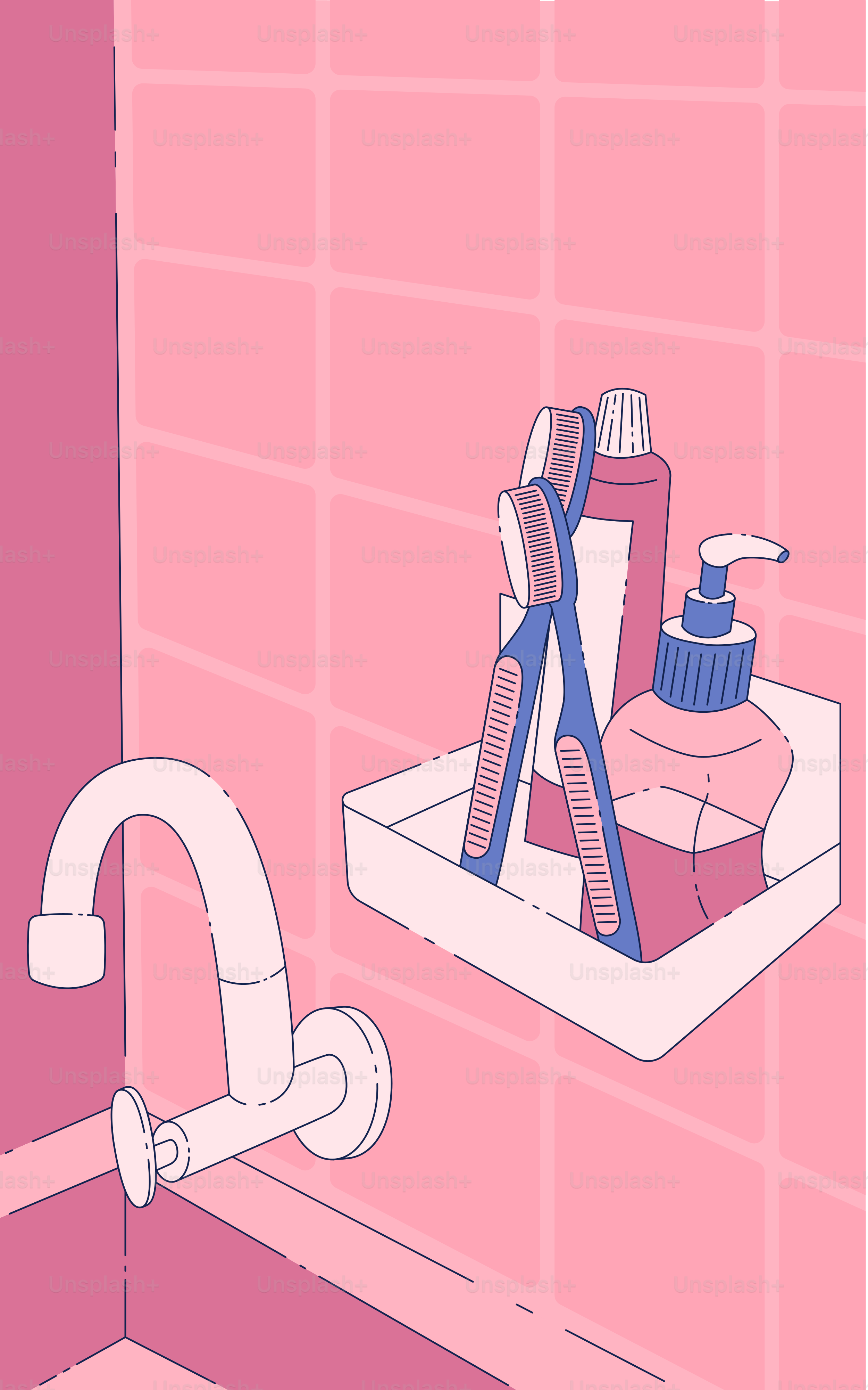 A pink bathroom with toothbrushes, soap and toothpaste