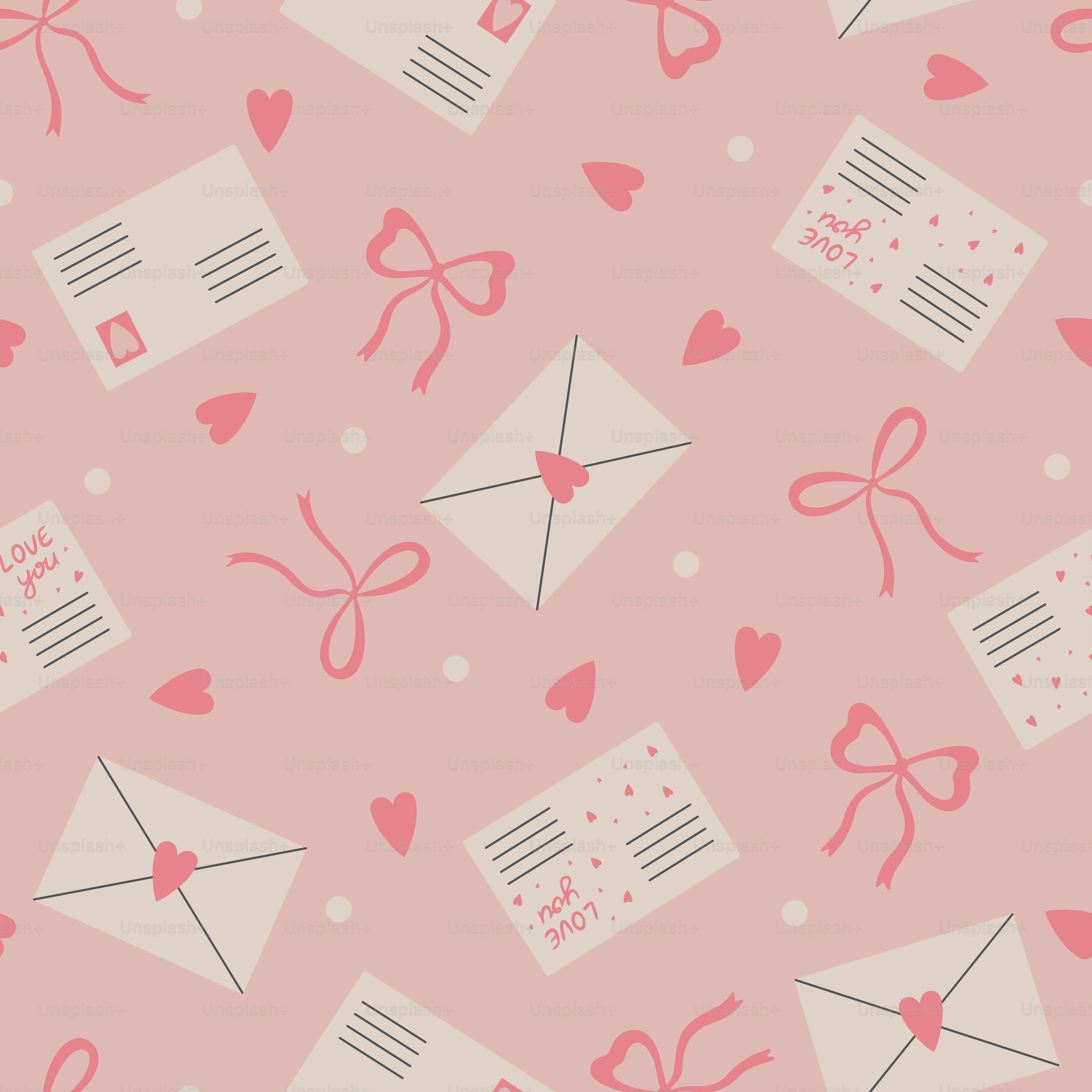 A pattern of envelopes and bows on a pink background
