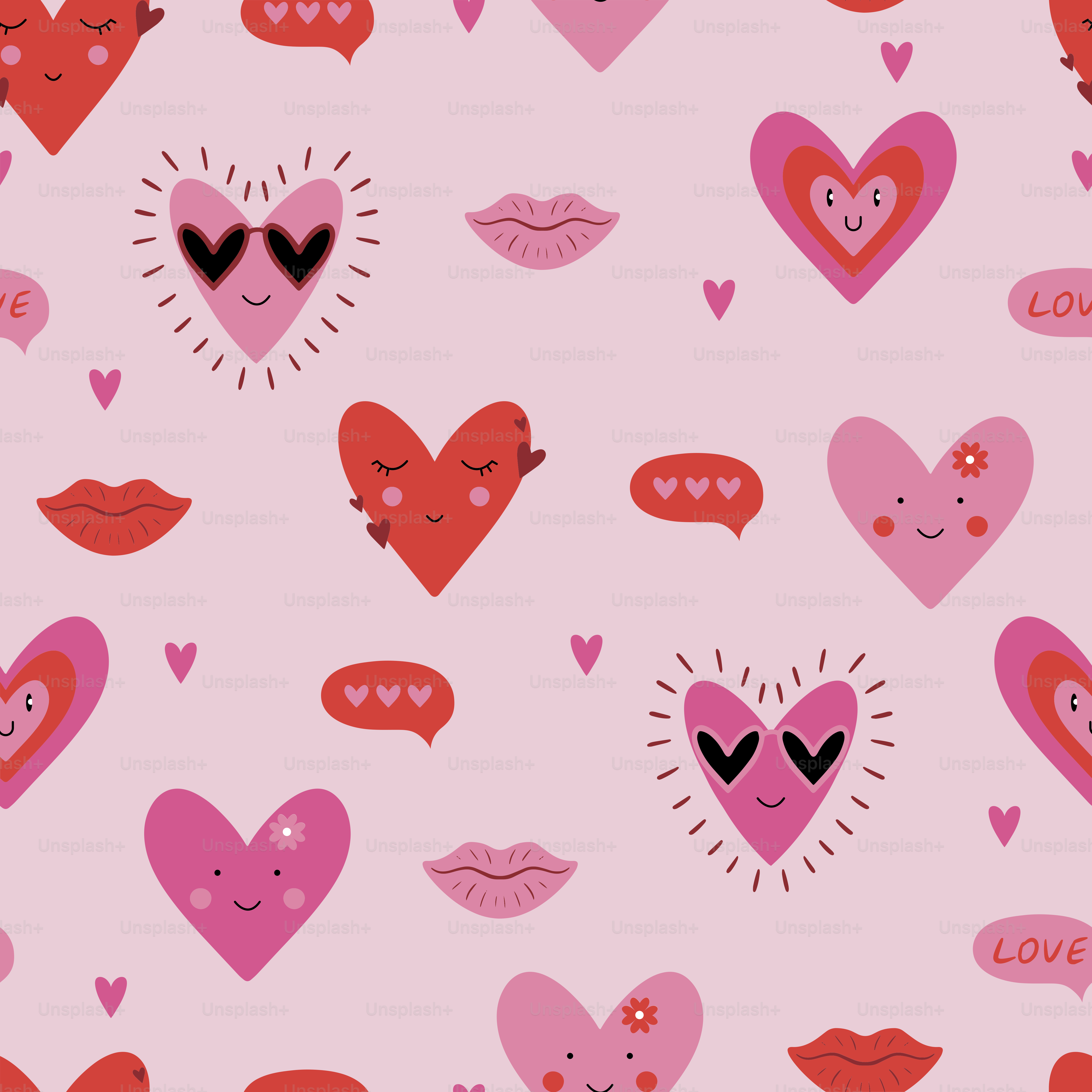A pink background with lots of hearts and faces