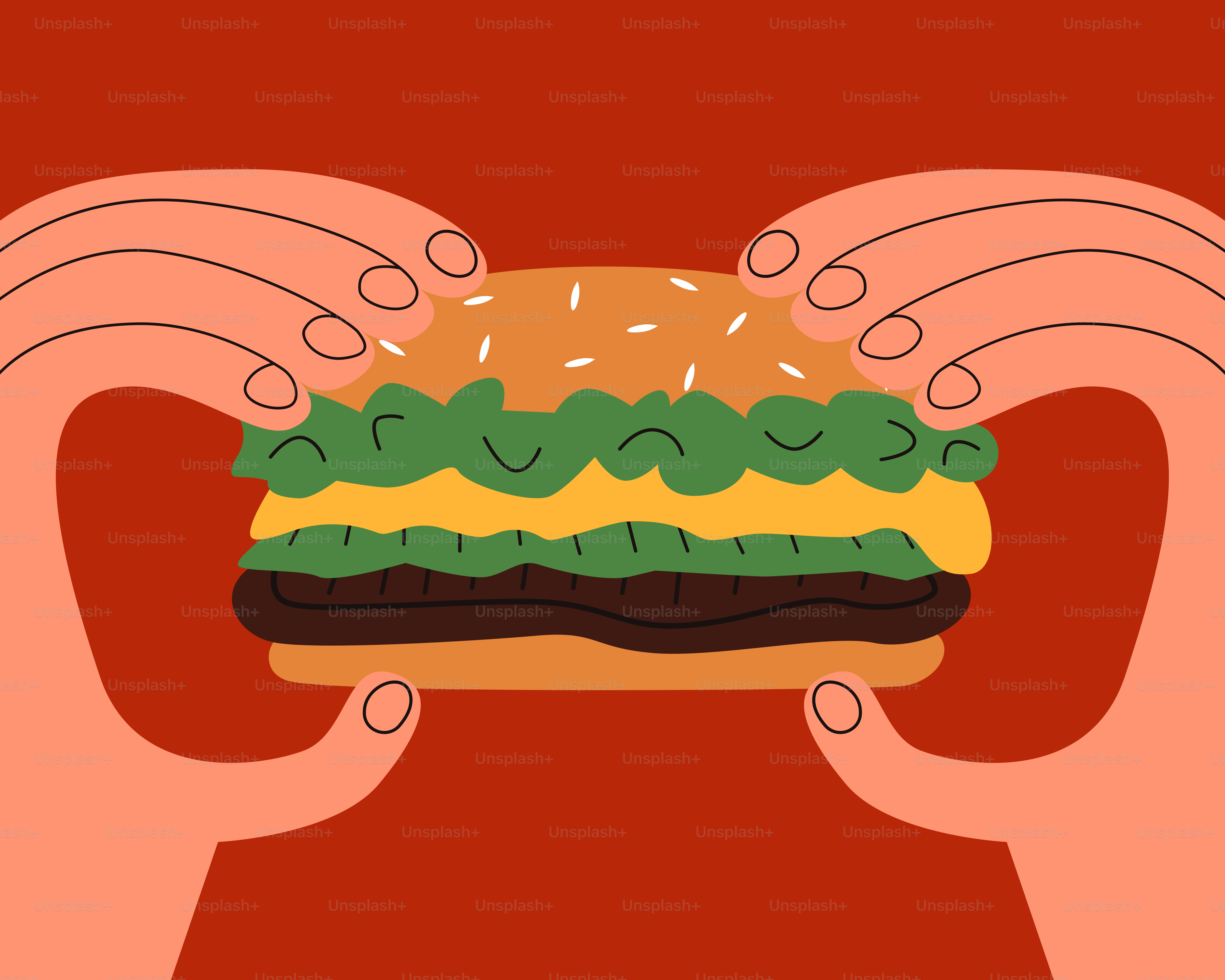 Two hands holding a hamburger in front of a red background