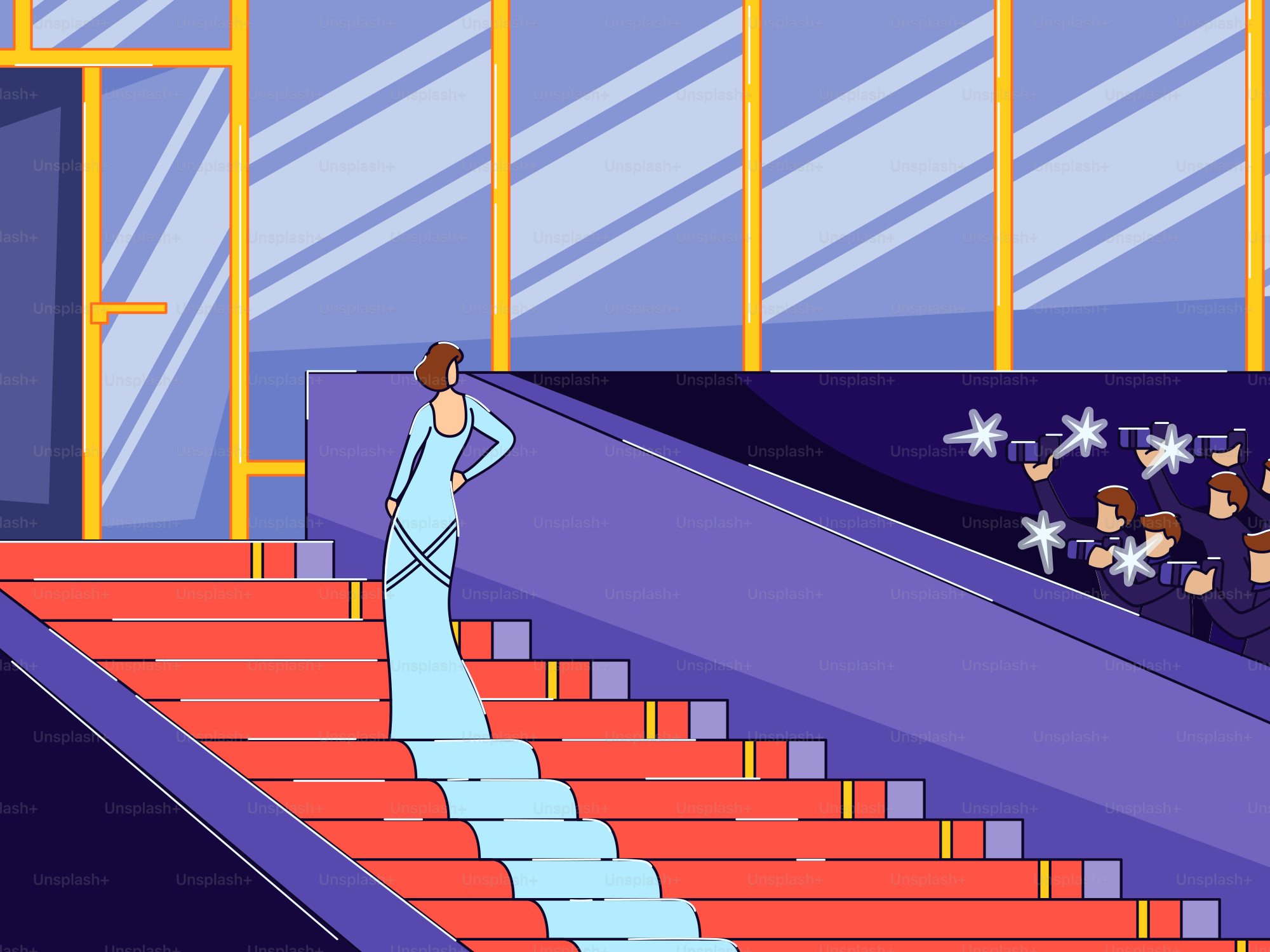 Una mujer con un vestido azul de pie sobre una alfombra roja