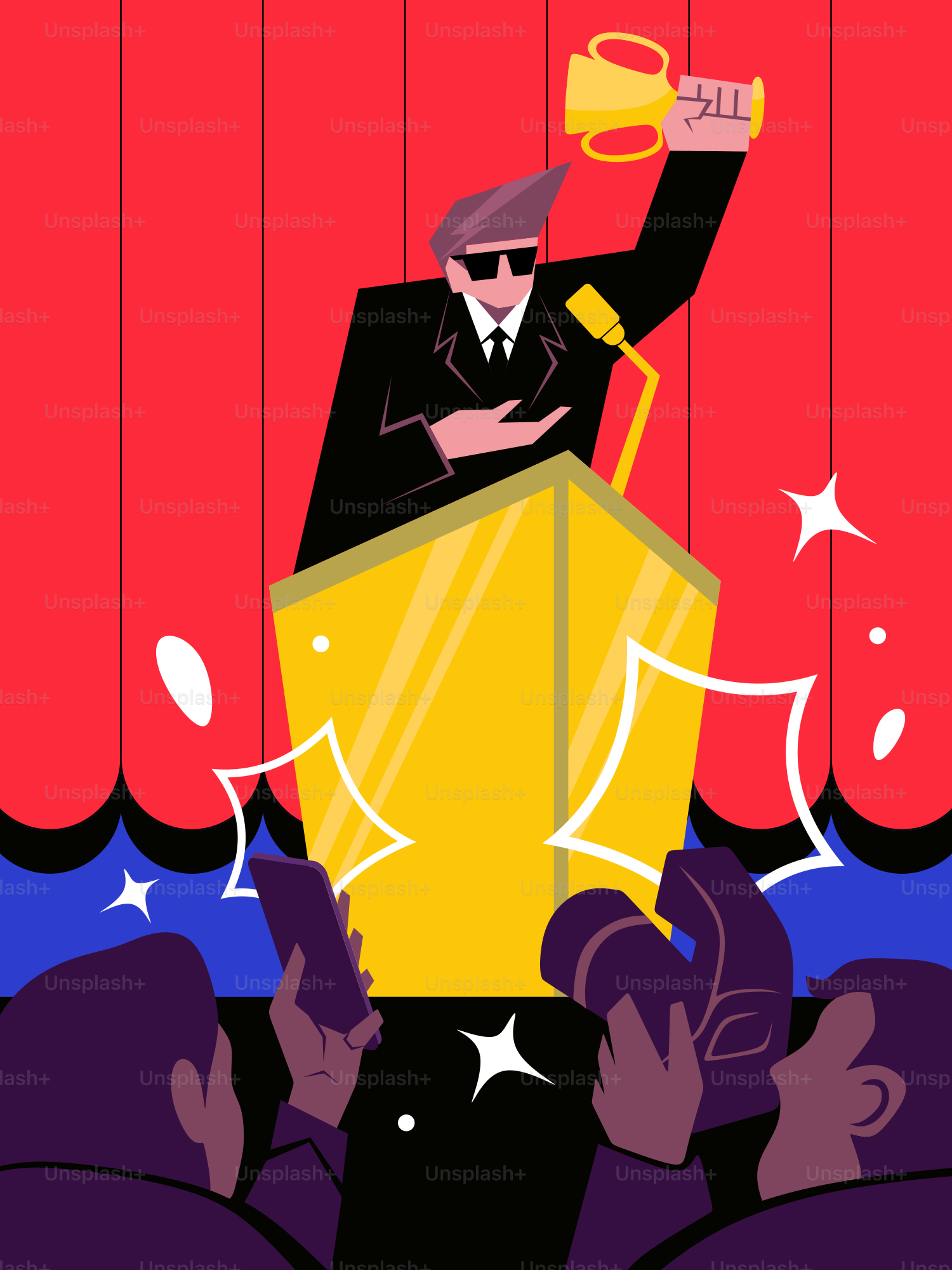 Un hombre de pie en un podio sosteniendo un trofeo