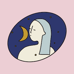 Un dibujo de una mujer con una media luna en el pelo